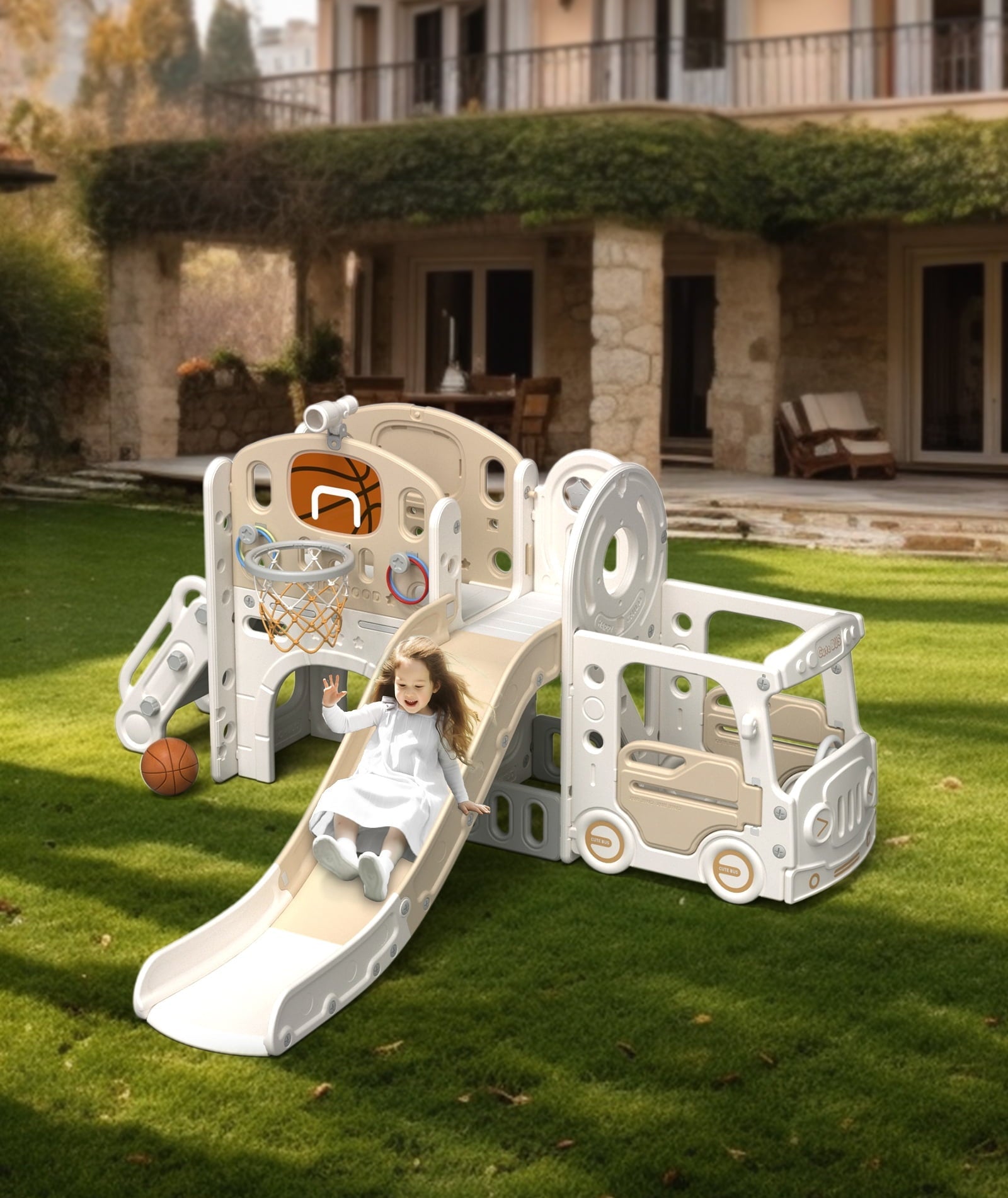 XJD 10 in 1 Toddler Slide, Kids Slide for Toddlers Age 1-3, Toddler Play Climber Slide Playset with Basketball Hoop and Ball, Toddlers Outdoor Indoor Playground(Beige+Coffee)