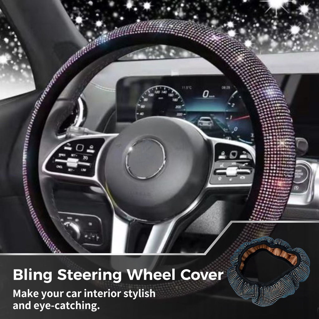 Steering Wheel Cover Glitter, Crystal Diamond Steering Wheel Cover for Women Girls, Decorative Bling Rhinestone Protector Cover for 14.17-15.35inch Steering Wheels