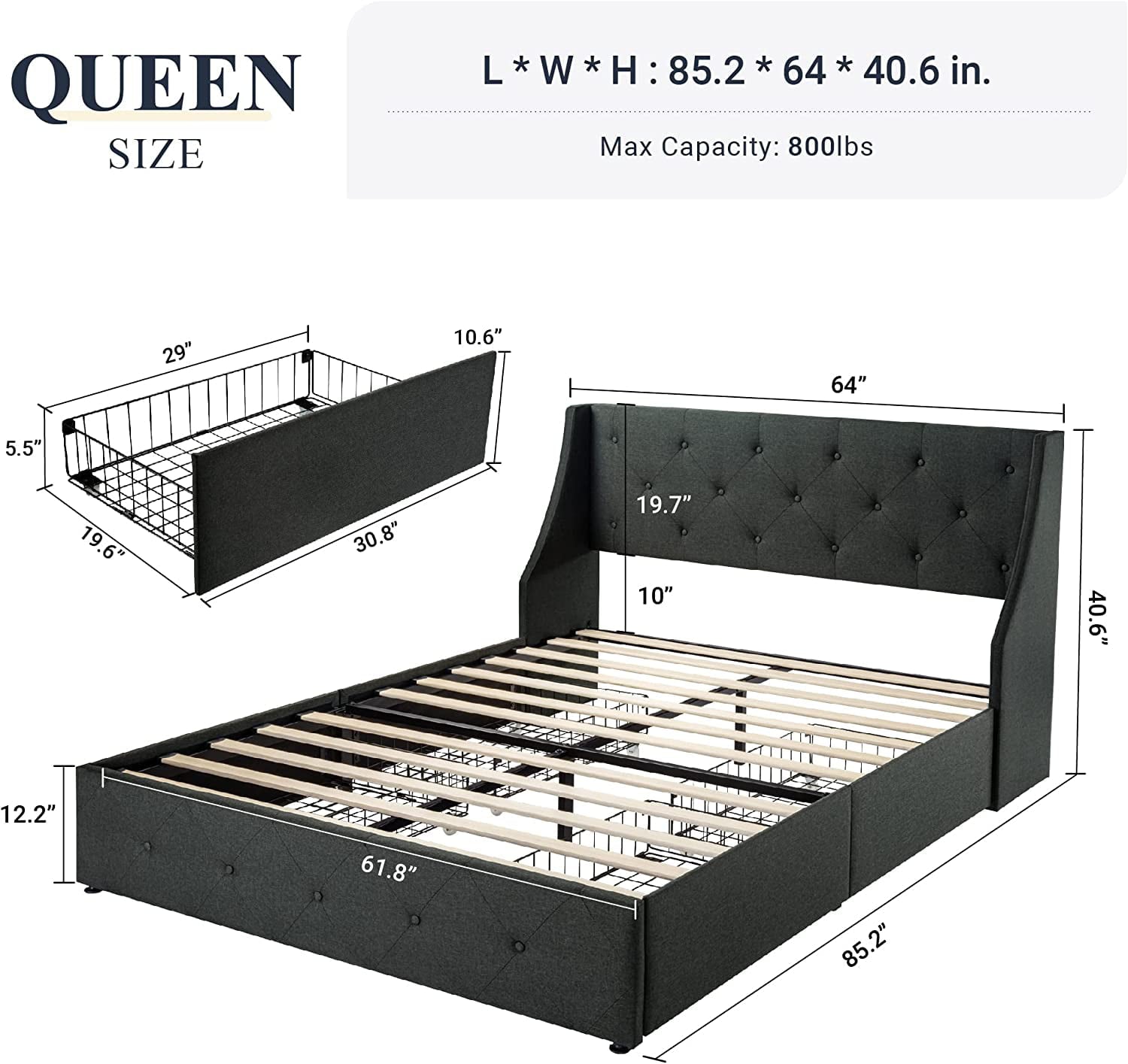 Allewie Queen Size Bed Frame with 4 Storage Drawers and Button Tufted & Wingback Headboard, Dark Grey