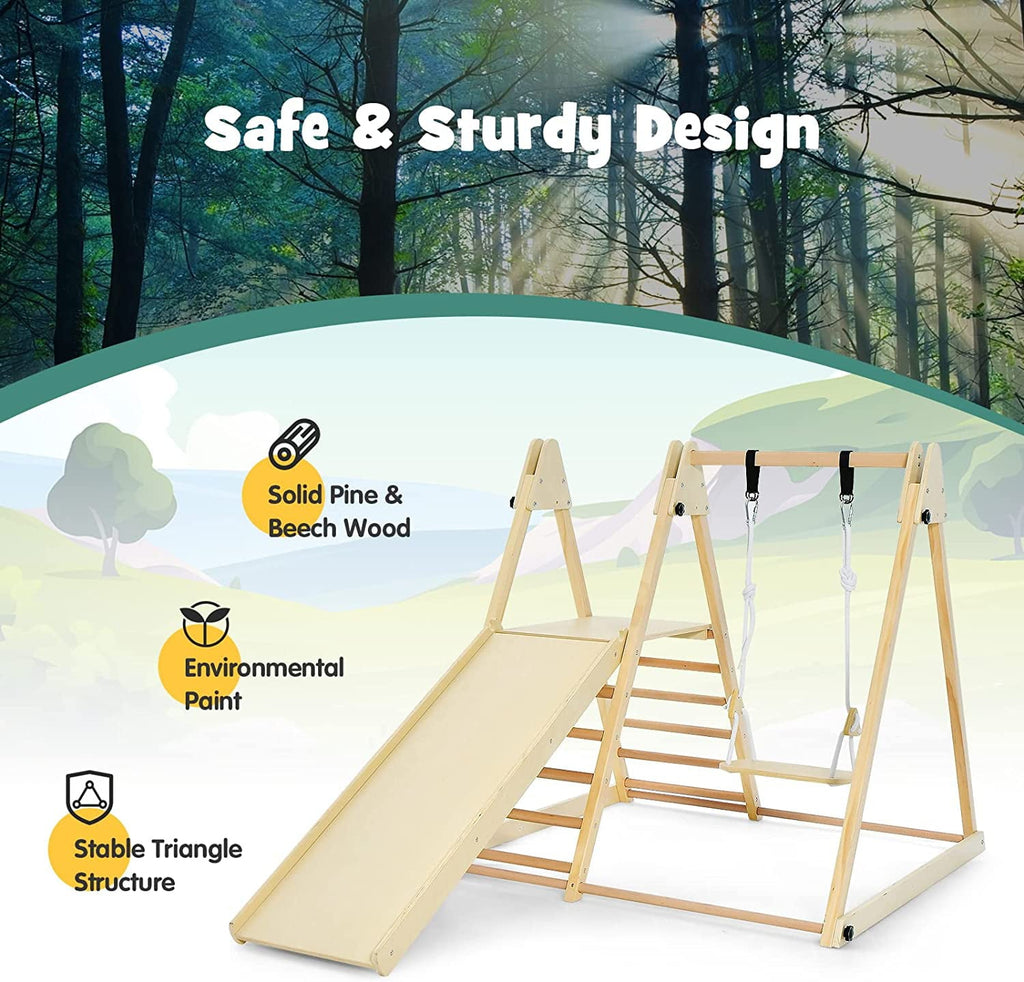 OLAKIDS Toddlers Triangle Climbing Set, 4 in 1 Foldable Kids Wood Montessori Climber Ladder with Ramp, Slide and Swing, Indoor Outdoor Playground Jungle Play Gym Structure for Boys Girls