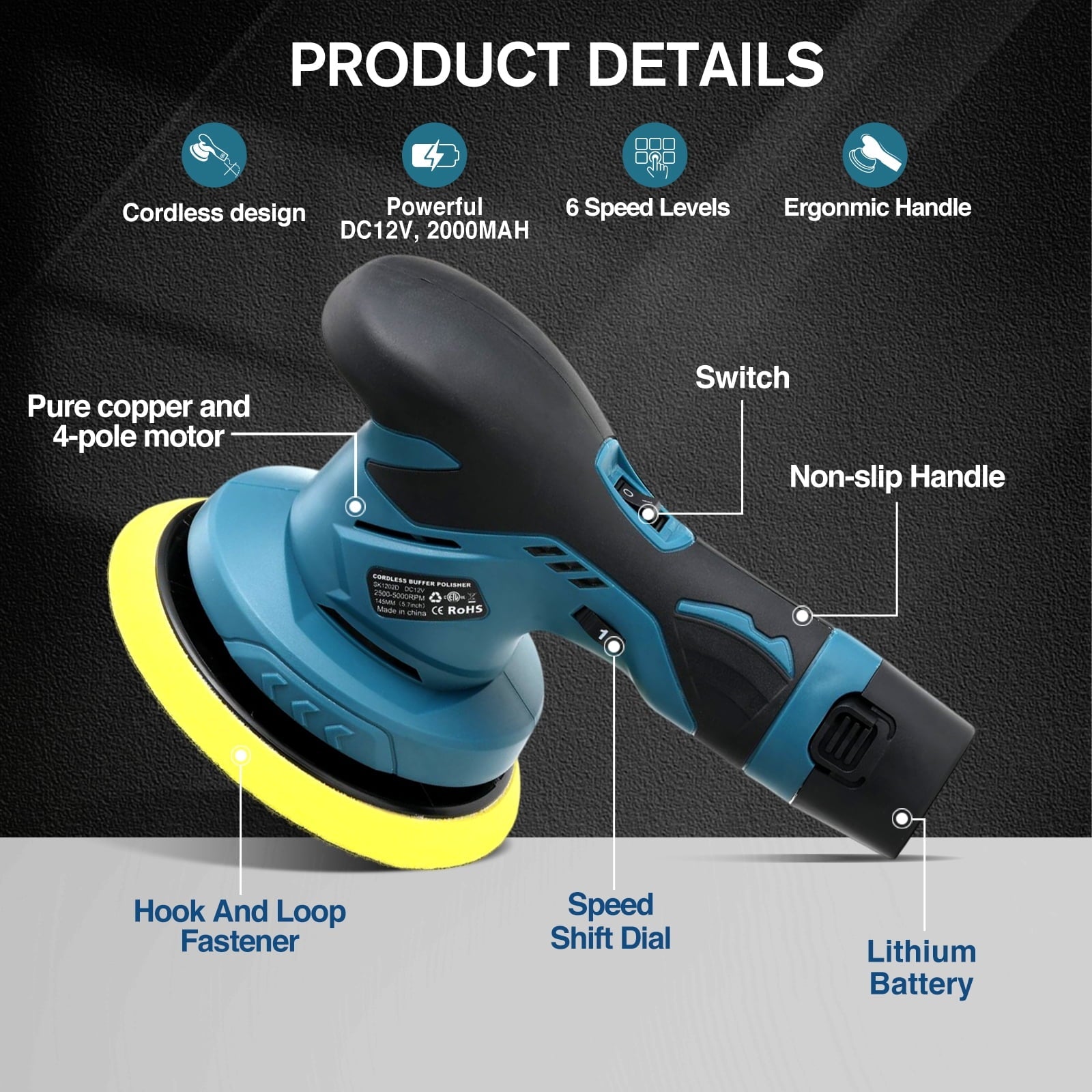 Saker 6 Inch Car Buffer Polisher, Cordless Polishing Machine Kit for Car Detailing, Extra 10PCS Attachments(2PCS 12V 2000mAh Batteries)