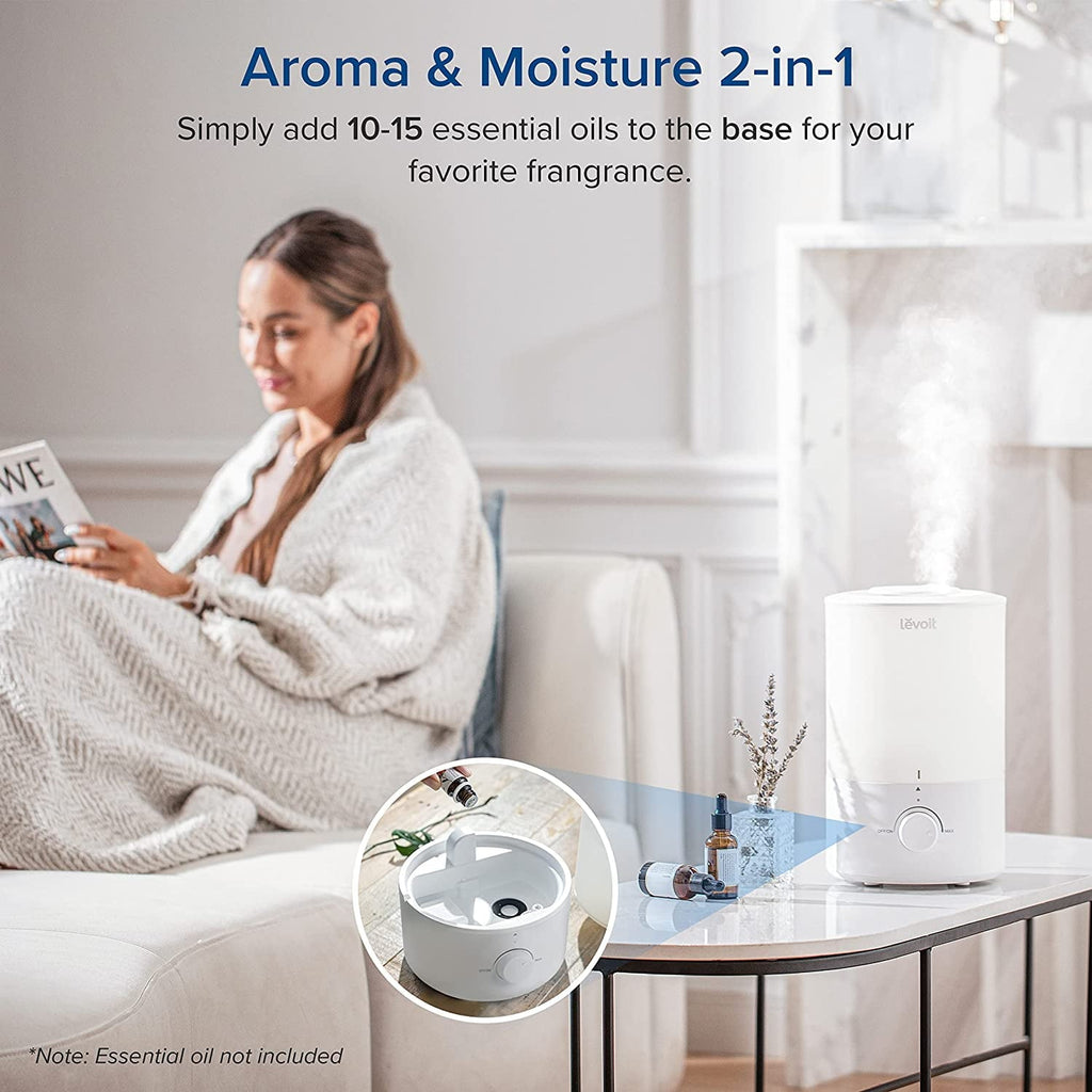 Levoit Cool Mist Humidifier for Room, 3L Top-Fill Humidifier for Bedrooms, and Baby Nurseries, with Aromatherapy, Dual 150, White