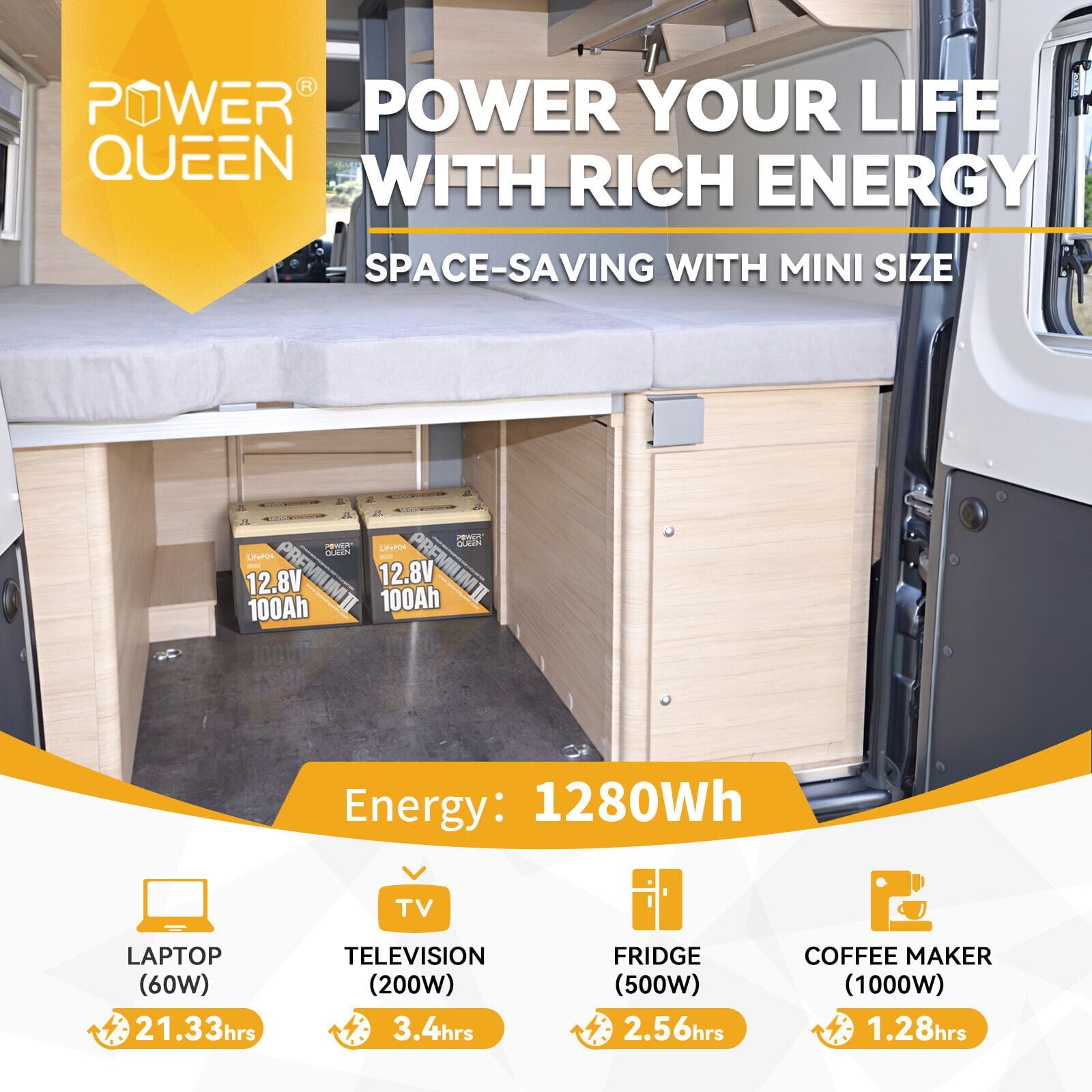 Power Queen 12V 100Ah Mini LiFePO4 Lithium Battery Deep Cycle 1280Wh BMS for Camper Boat Marine