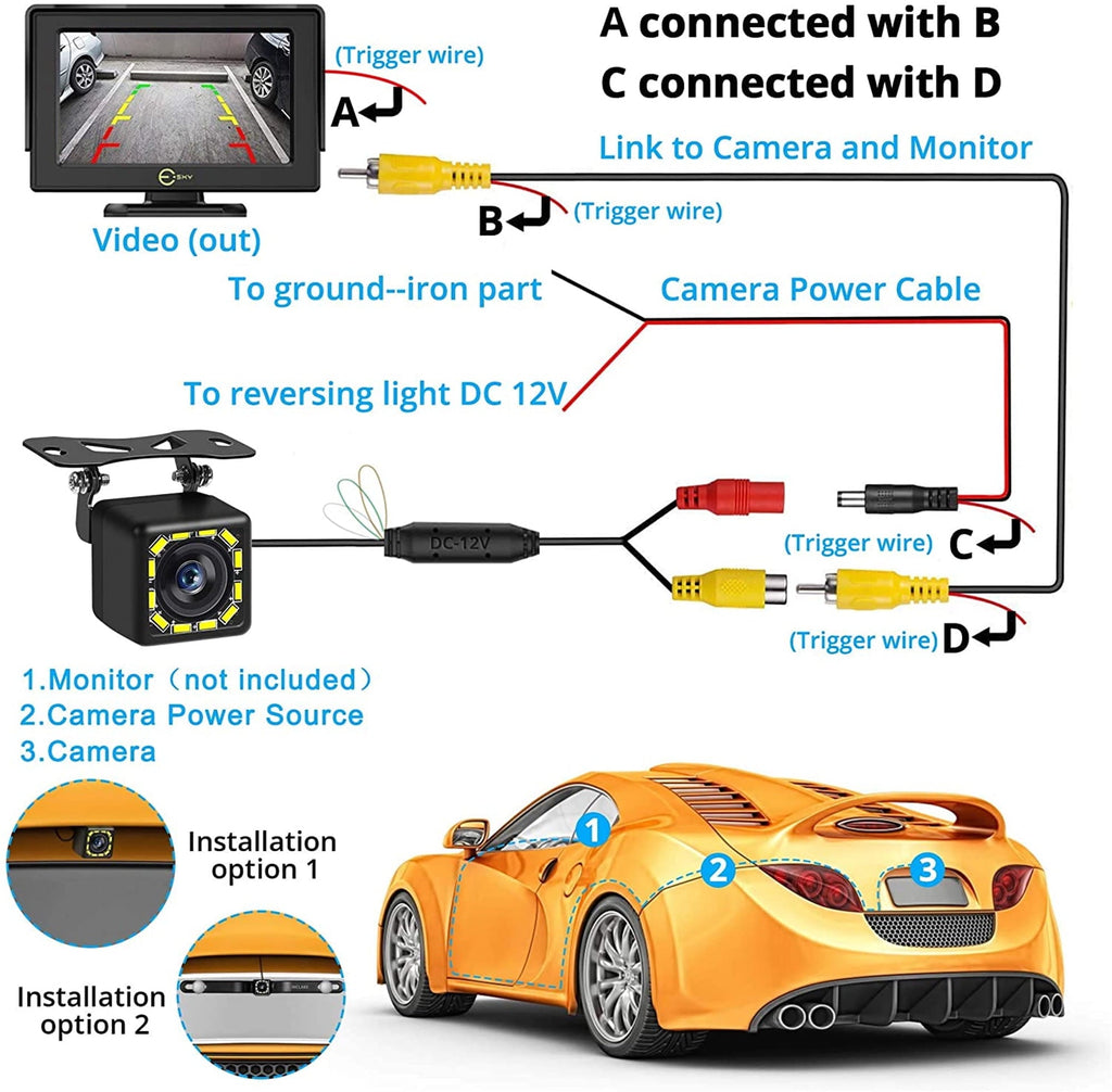 Car Backup Camera, Rear View Camera Ultra HD 12 LED Night Vision, Waterproof Reverse Camera, 140° Wide View Angel with Multiple Mount Brackets for Universal Cars, SUV, Trucks, RV