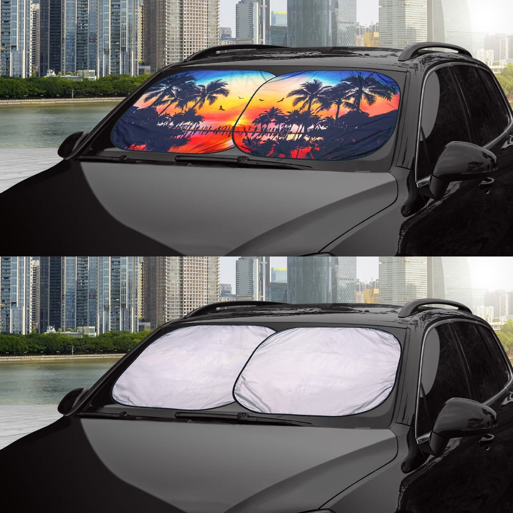 Auto Drive 2 Count Palm Tree Sunset Universal Twist Sun Shade Product Size 28.5'' x 31.5''