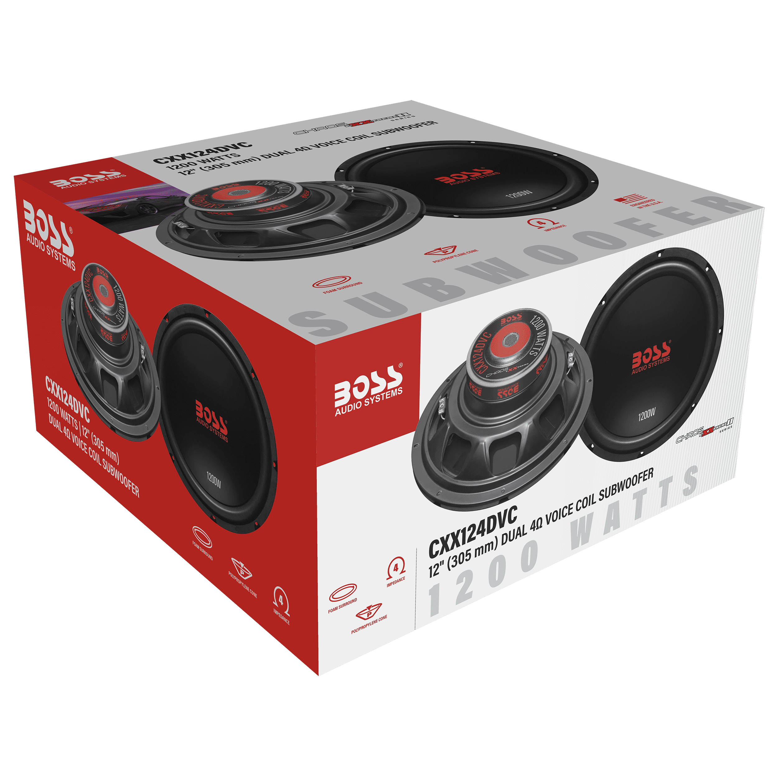 BOSS Audio Systems CXX124DVC Chaos Exxtreme Series 12 inch Car Audio Subwoofer - 1200 Watts Max, Dual 4 Ohm Voice Coil, for Truck, Boxes and Enclosures, Use With Amplifier