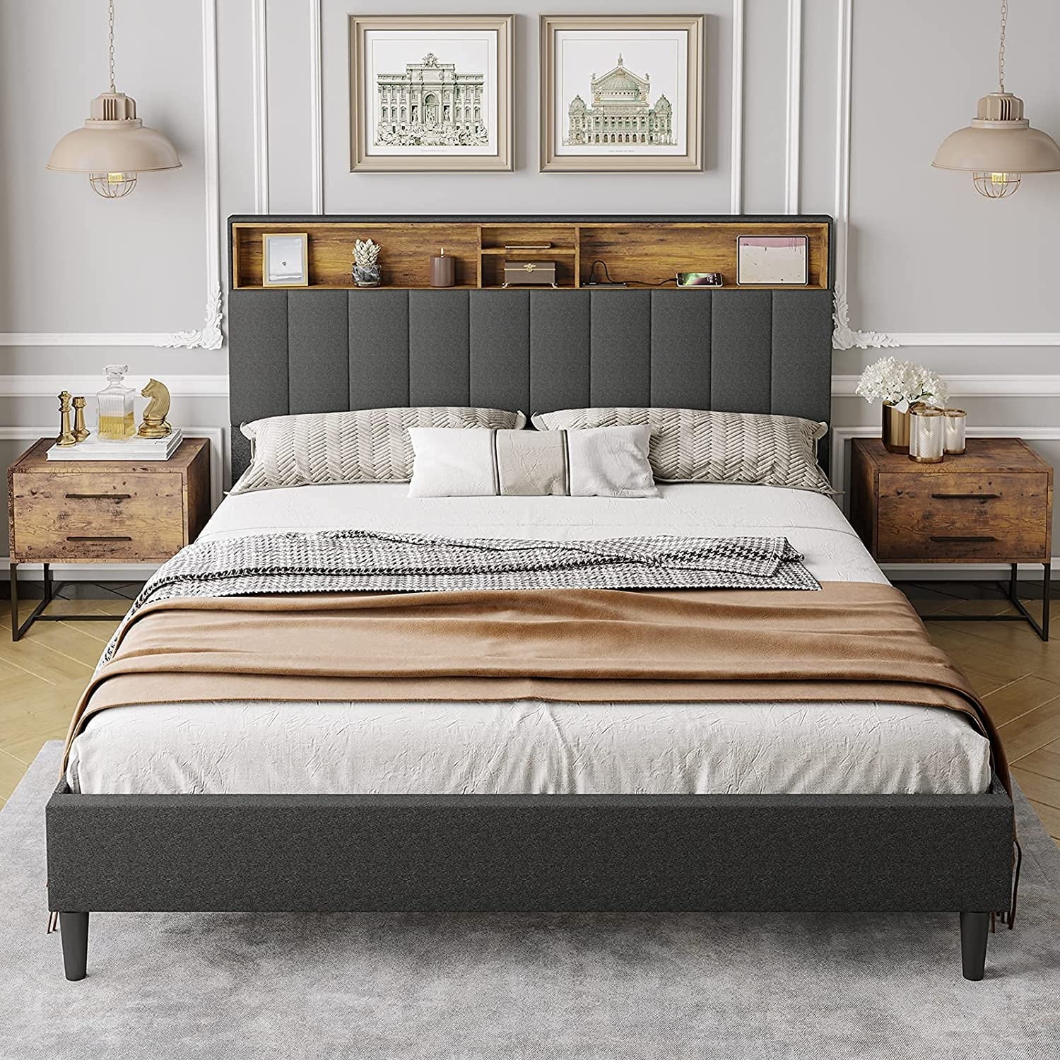 ADORNEVE Queen Size Platform Bed Frame, Modern Fabric Upholstered Bed with Power Strip and Storage Headboard Height Adjustable, No Box Spring Needed, Dark Gray