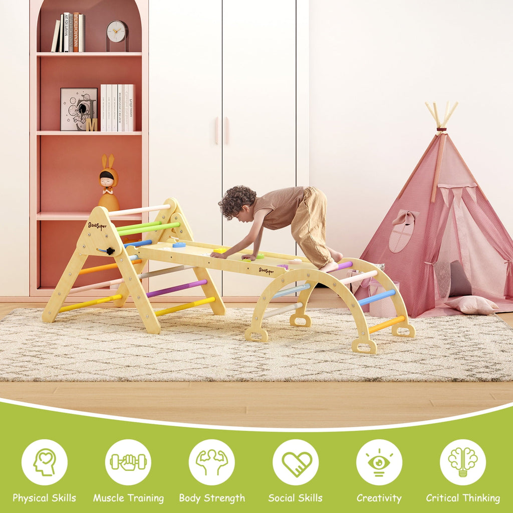 BanaSuper Colorful 3 in 1 Climbing Triangle Ladder with Ramp & Arch Foldable Wooden Triangle Climber Set Montessori Climbing Toys for Kids Ourdoor Indoor Playground Play Gym