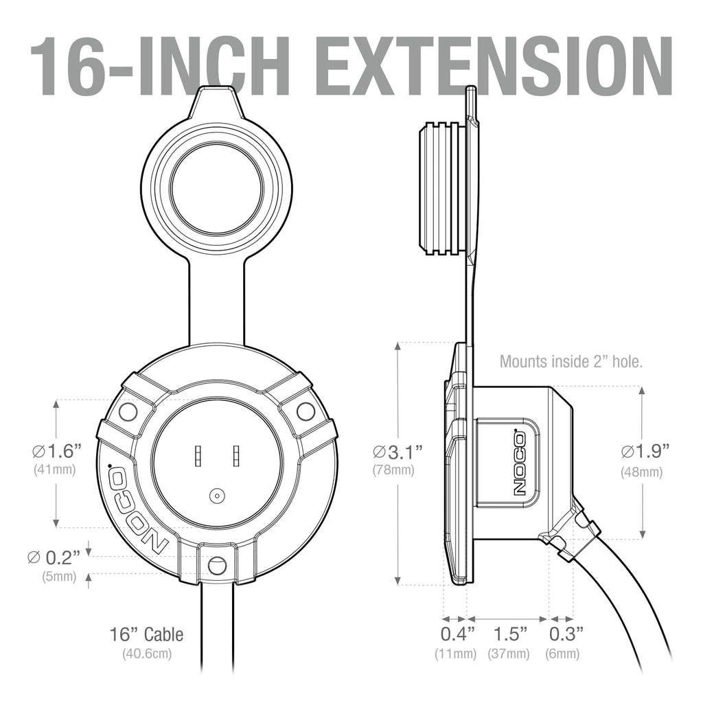 NOCO GCP1 15A 125V AC Port Plug with 16-Inch Integrated Extension Cord