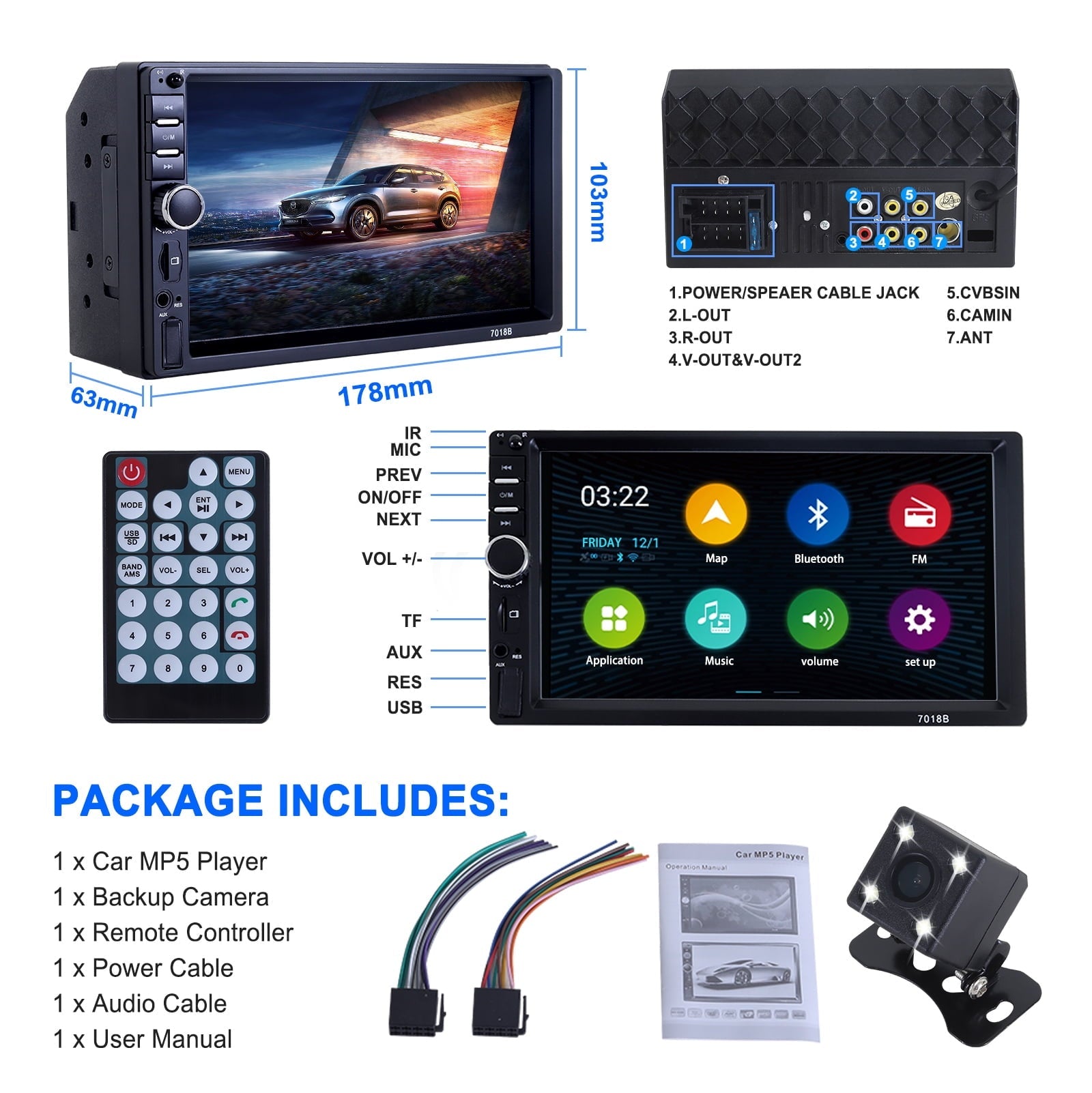 Double DIN Car Stereo Radio, 7" HD Car MP5 Player, Digital Display Touch Screen, Bluetooth 4.2/ MP5 Player, Car Radio with Bluetooth, 4 LED Rearview Camera