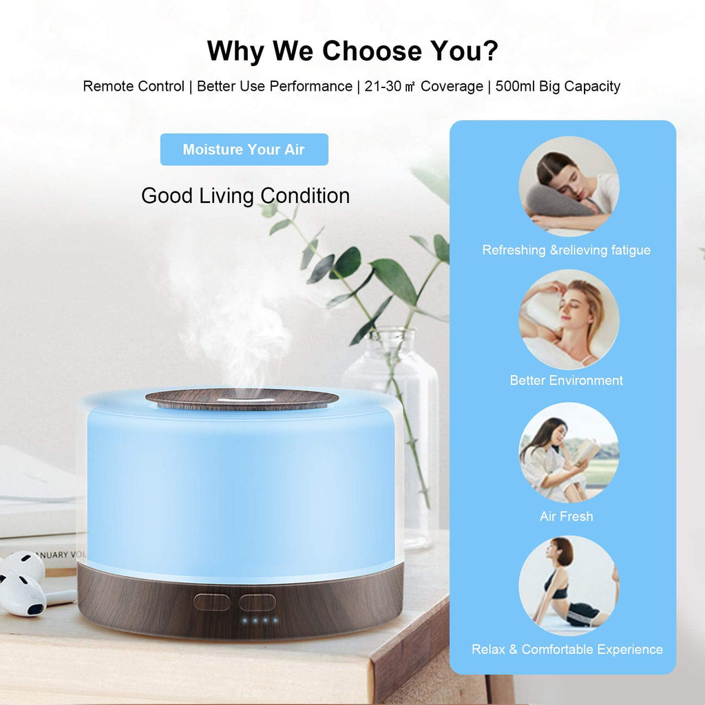 Aromatherapy Essential Oil Diffuser for Room: 500ml Aroma Air Humidifier Remote Control for Home Large & Small Rooms - Ultrasonic Cool Mist Diffusers Oils Vaporizer with Light & Timer Bedroom Office