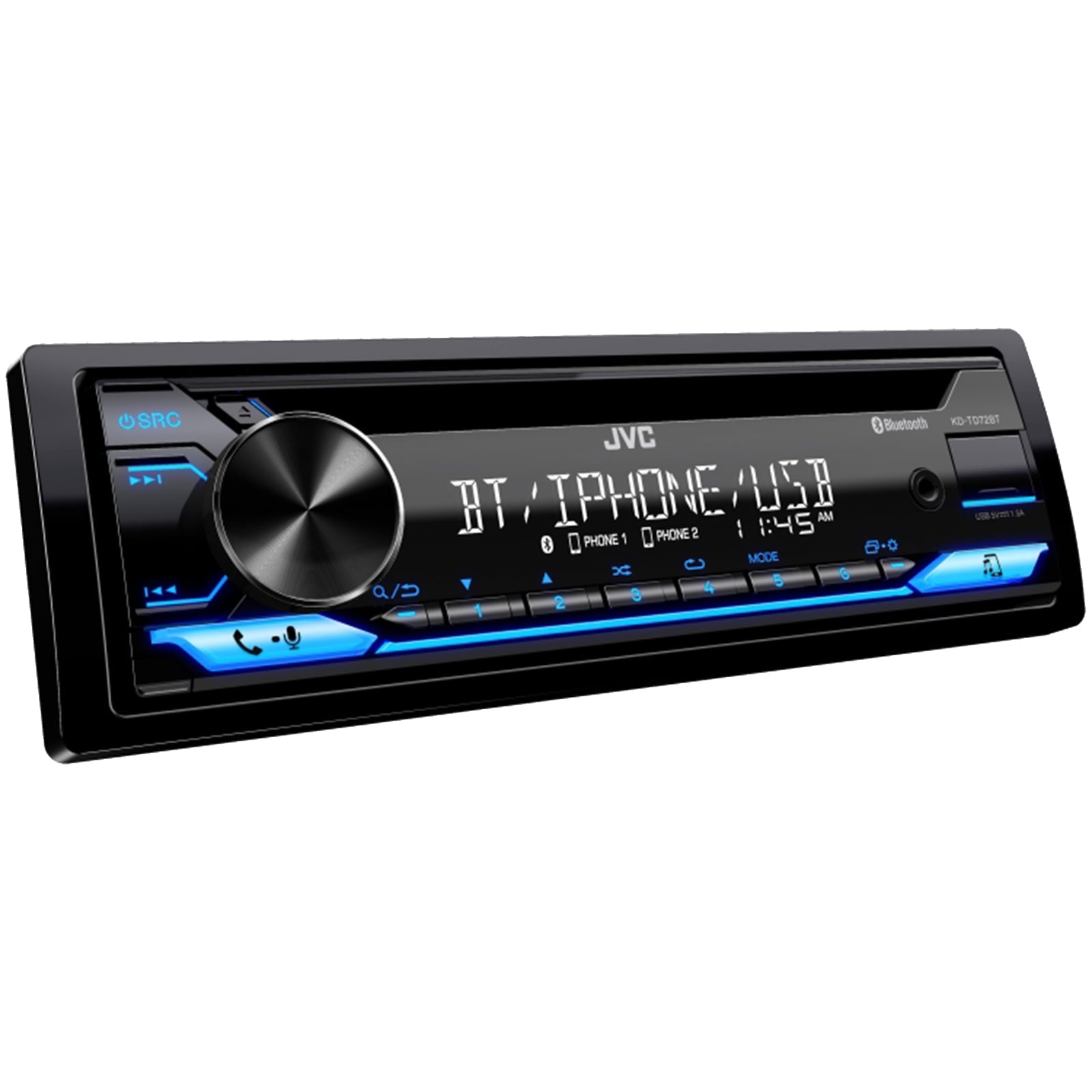 JVC KD-TD72BT Single DIN Bluetooth USB AUX AM/FM Radio CD Player Receiver Bundle Combo with 12" 1800W Peak Power Car Audio Subwoofer, 600W Max Power Waterproof Digital Mono Amplifier, Amp Wiring Kit