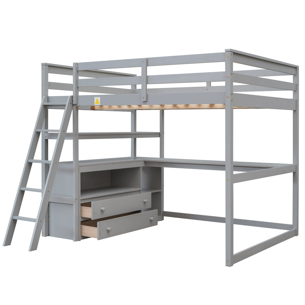 Euroco Full Size Wood Loft Bed with Desk, Shelves and Cabinets for Kids Room, Incline Ladder and 3 Drawers, Gray