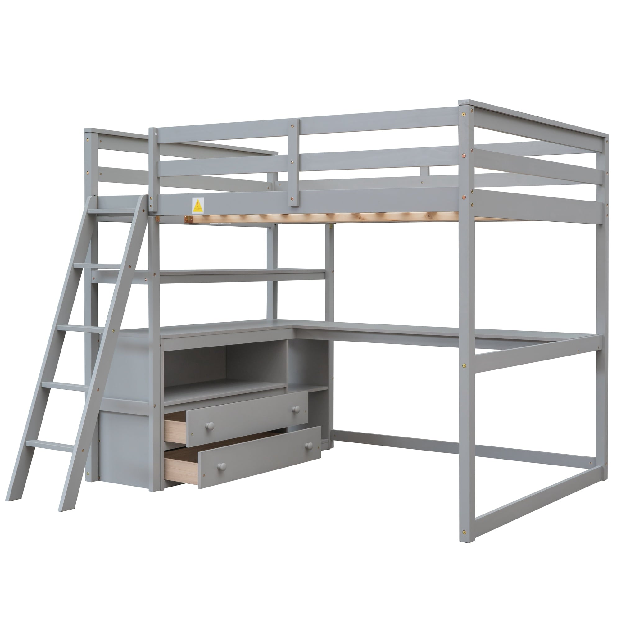 Euroco Full Size Wood Loft Bed with Desk, Shelves and Cabinets for Kids Room, Incline Ladder and 3 Drawers, Gray