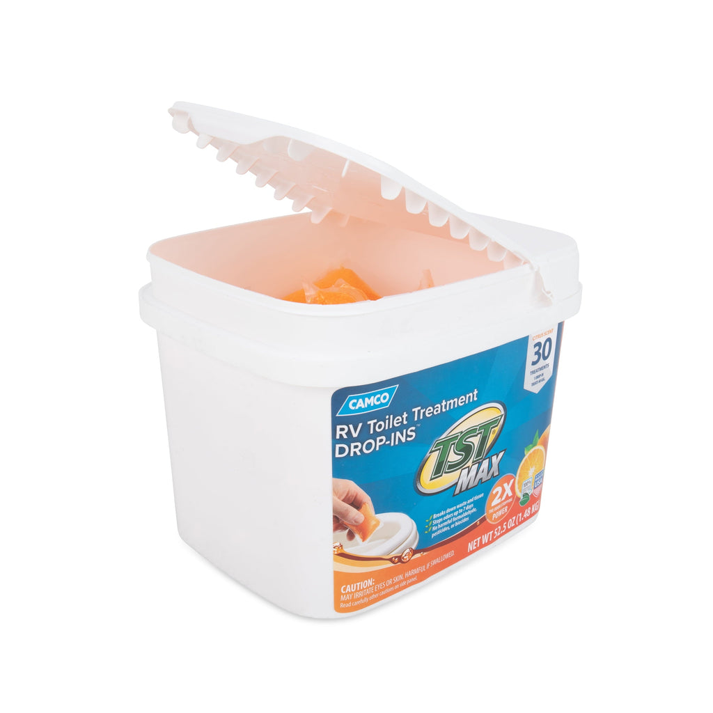 Camco TST MAX Camper/RV Toilet Treatment Drop-INs | Control Unwanted Odors and Break Down Waste and Tissue | Safe Septic Tank Treatment | Orange Scent | 30-Pack (41183)