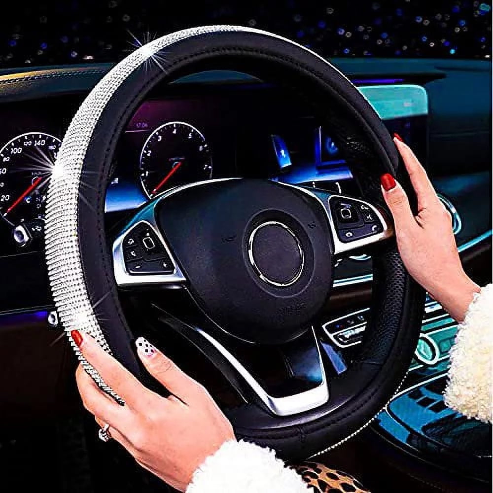 Universal 15" Luxury Crystal Steering Wheel Cover Kits with Seat Belt Cover and Shift Lever Cover