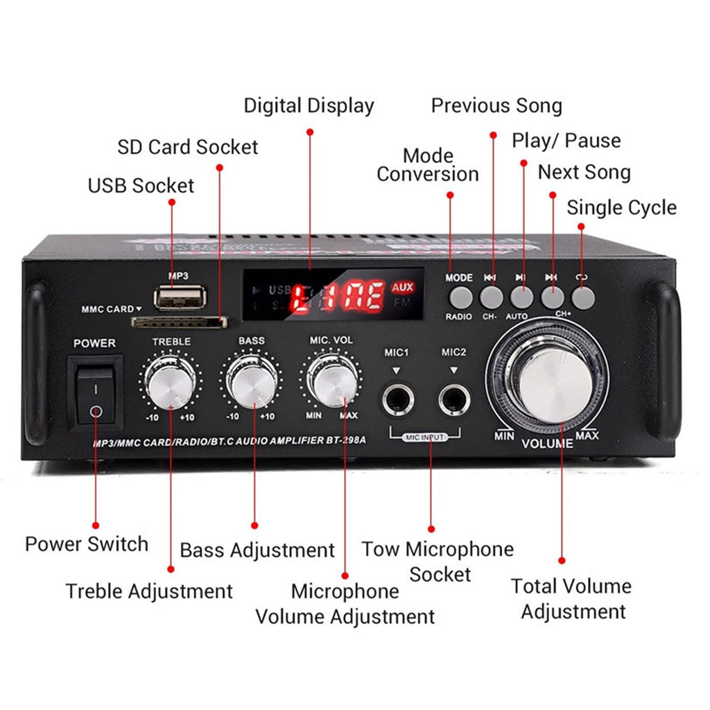 SOONHUA 600W Wireless Bluetooth 5.0 Stereo Audio Amplifier, with Bluetooth LCD Digital Display Stereo Receiver for Home Theater Speakers, Bass & Treble Control, USB/SD/RCA/MIC/FM in, Remote