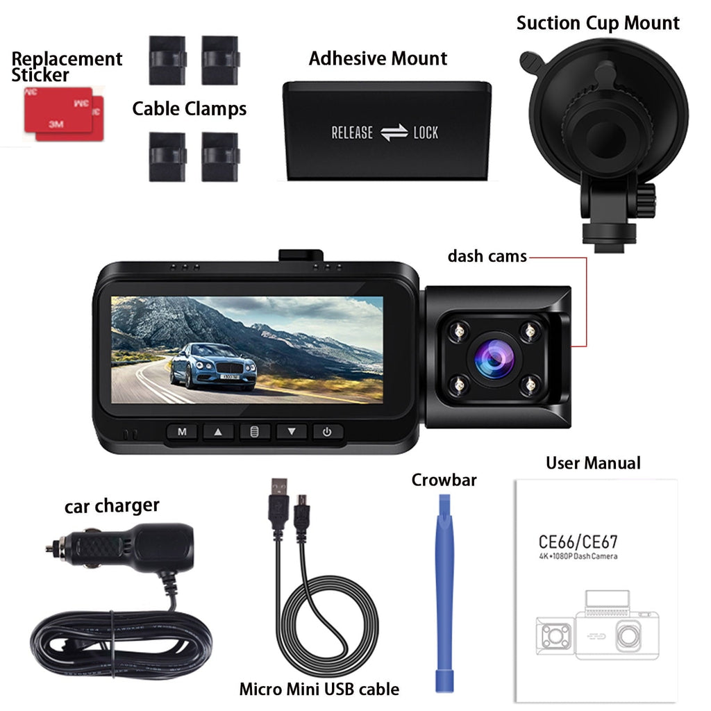 TOGUARD Front and Inside Dual Dash Camera 4K Car Dash Cam with WiFi and GPS 3.16" Display, 170° Wide Angle, IR Night Vision, Support 256GB Max, Black