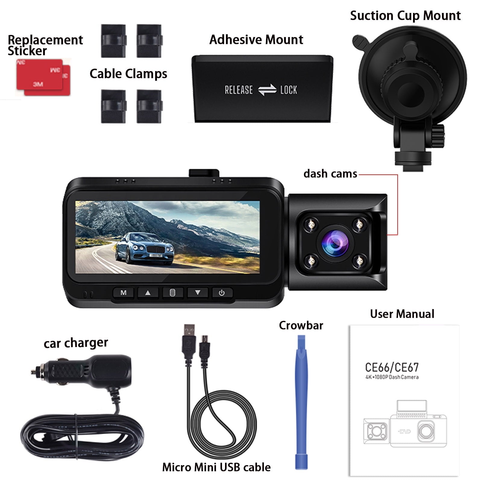 TOGUARD Front and Inside Dual Dash Camera 4K Car Dash Cam with WiFi and GPS 3.16" Display, 170° Wide Angle, IR Night Vision, Support 256GB Max, Black