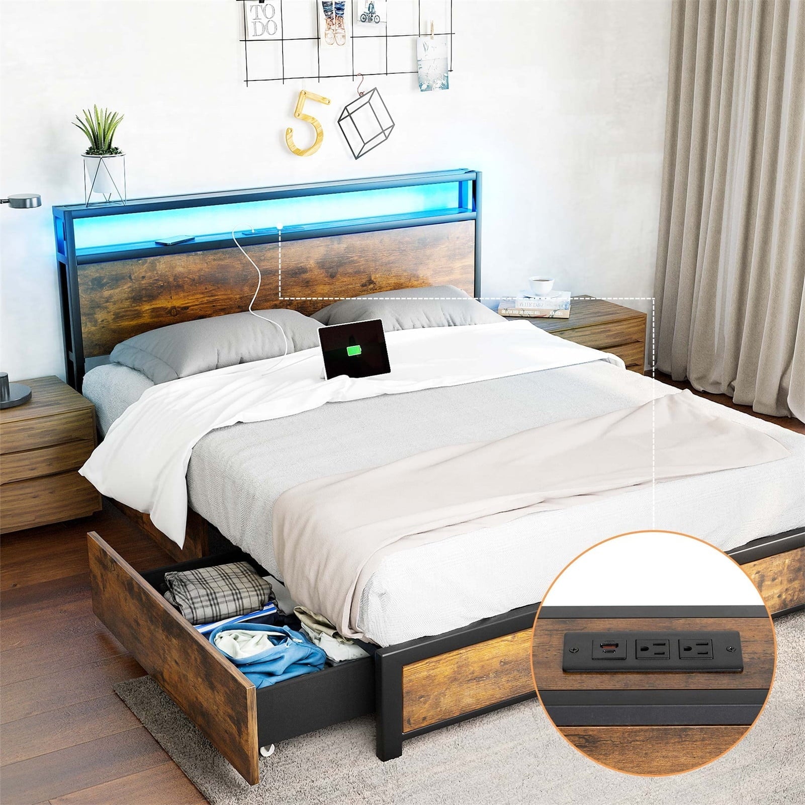 Full LED Bed Frame with Storage Headboard + 4 Drawers + Power Station, Industrial Metal Platform Bed, No Need Spring Box(Tan-Full)