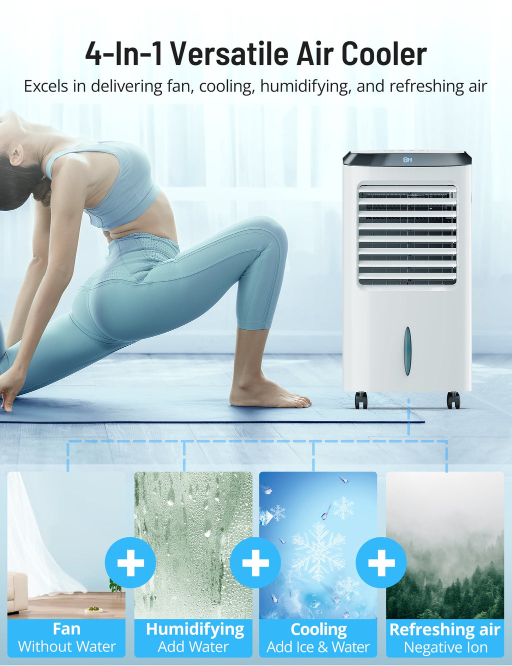 4-in-1 Evaporative Air Cooler, Portable Air Cooling Fan with Negative Ion, Swamp Cooler with Remote, LED Display, Quite, Casters for Home, Office