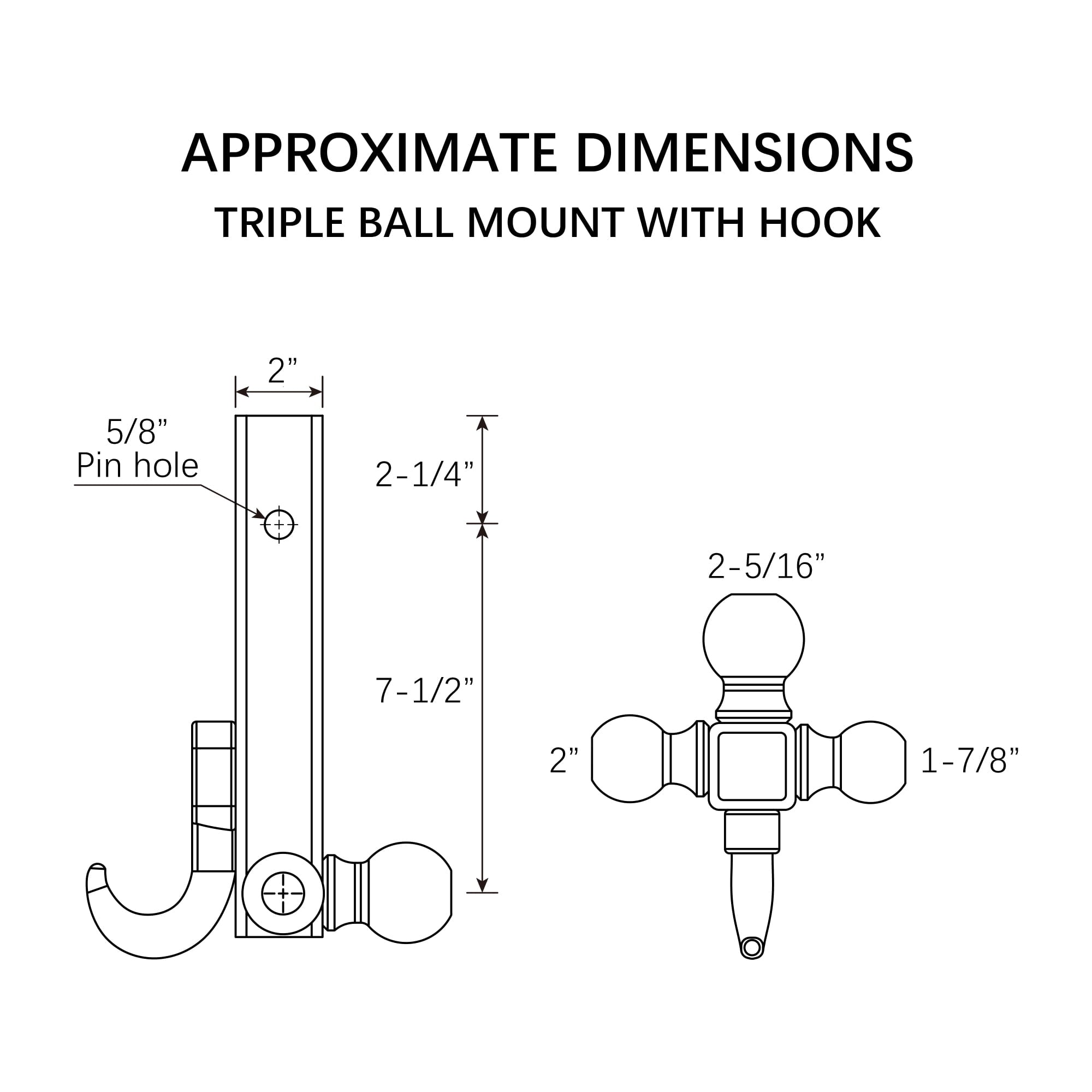 Hyper Tough Automotive Tri-Ball Mount with Hook, for Class V, 1-7/8", 2" & 2-5/16" Hitch Ball, Black