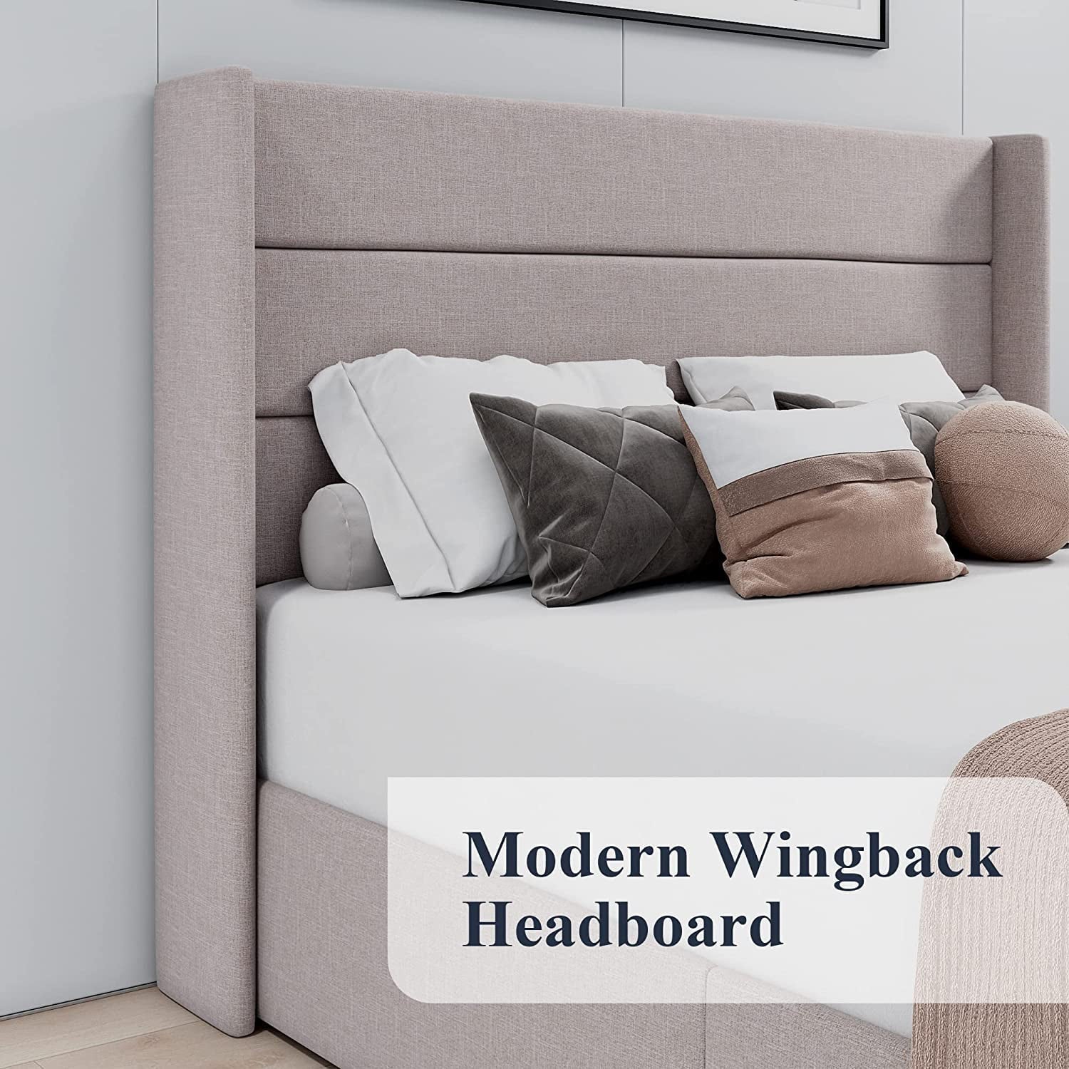 Allewie Queen Size Lift Up Storage Upholstered Bed with Pannel Wingback Headboard, Light Beige