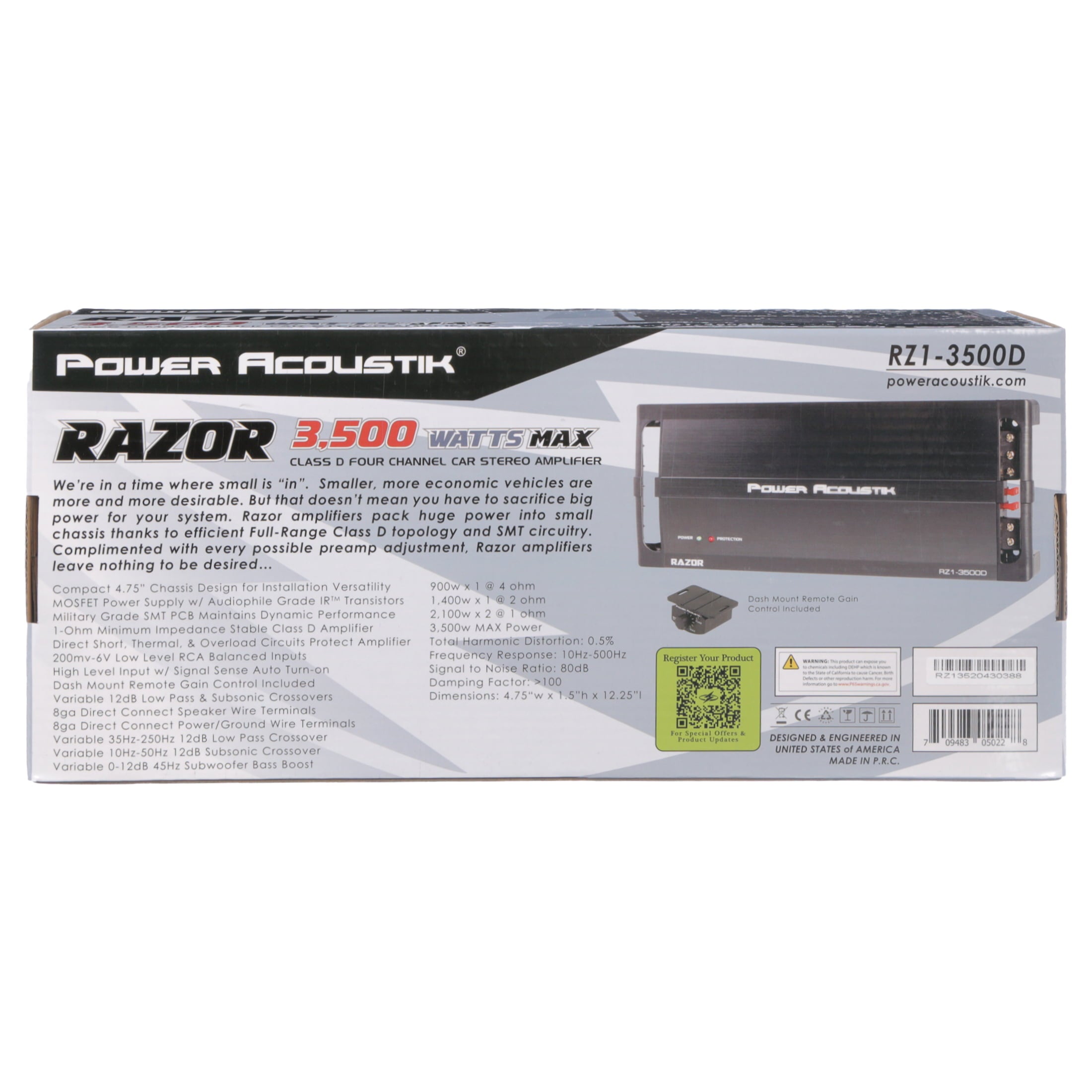 Power Acoustik Razor RZ1-3500D Car Amplifier, 3500 W PMPO, 1 Channel, Class D