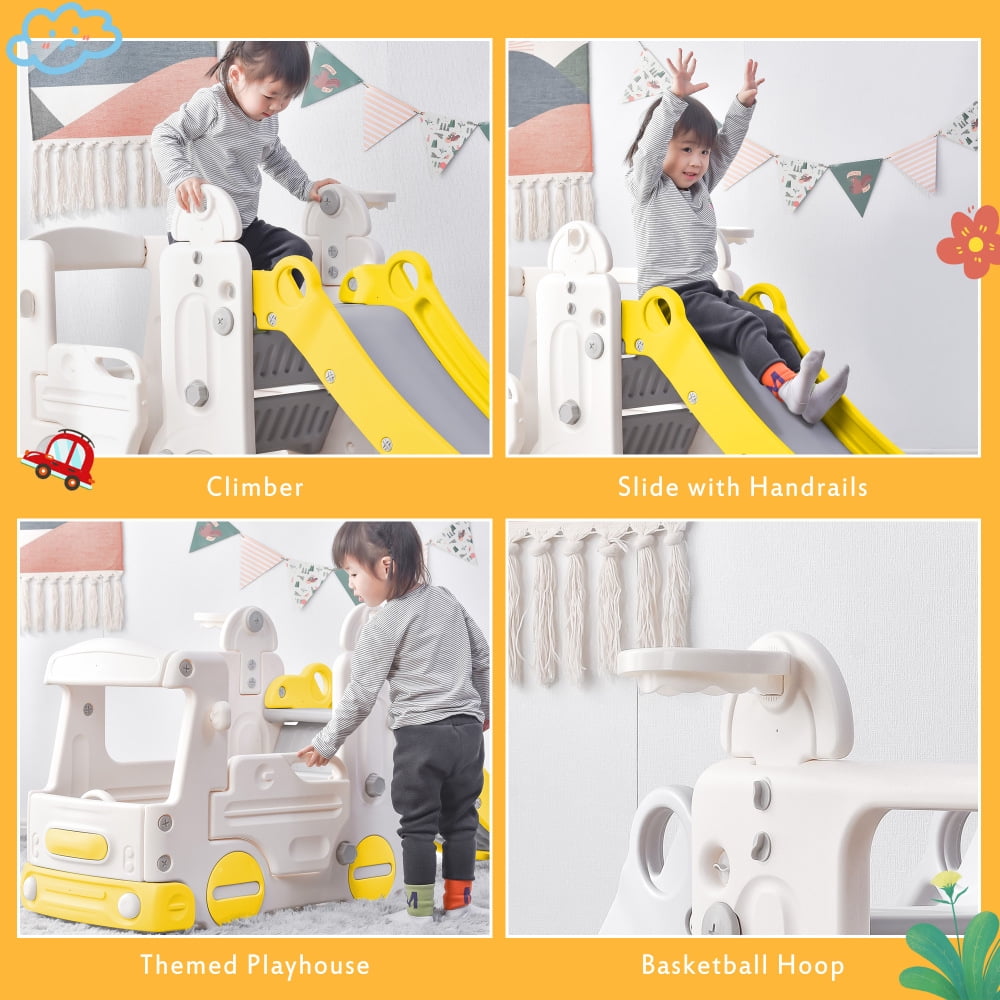 GERI Kids Slide with Bus Play Structure Climber, Freestanding Bus Climber with Slide for Toddlers, Bus Climber Slide Set with Basketball Hoop, Outdoor Playhouse for Toddlers, Yellow