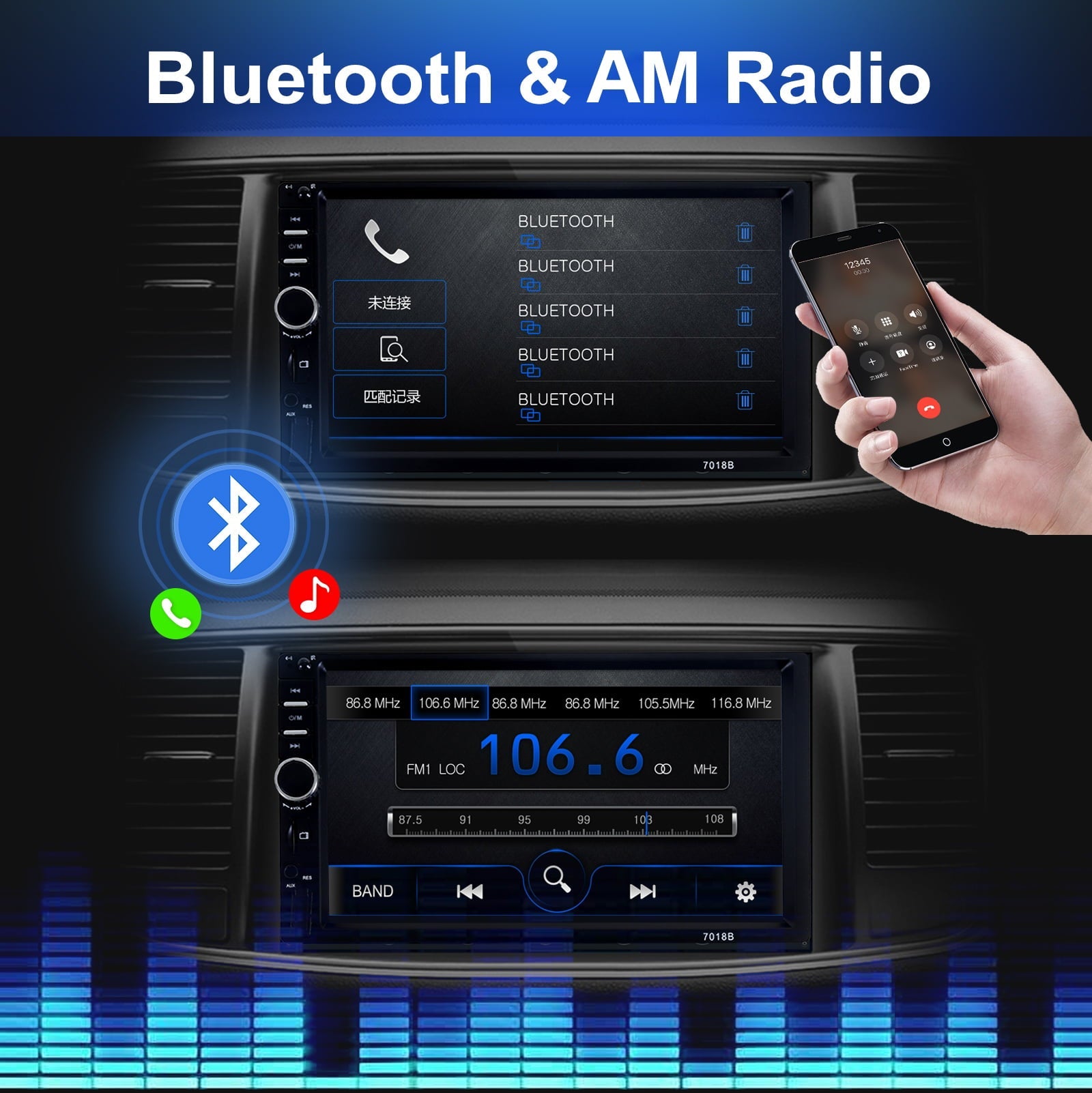 Double DIN Car Stereo Radio, 7" HD Car MP5 Player, Digital Display Touch Screen, Bluetooth 4.2/ MP5 Player, Car Radio with Bluetooth, 4 LED Rearview Camera