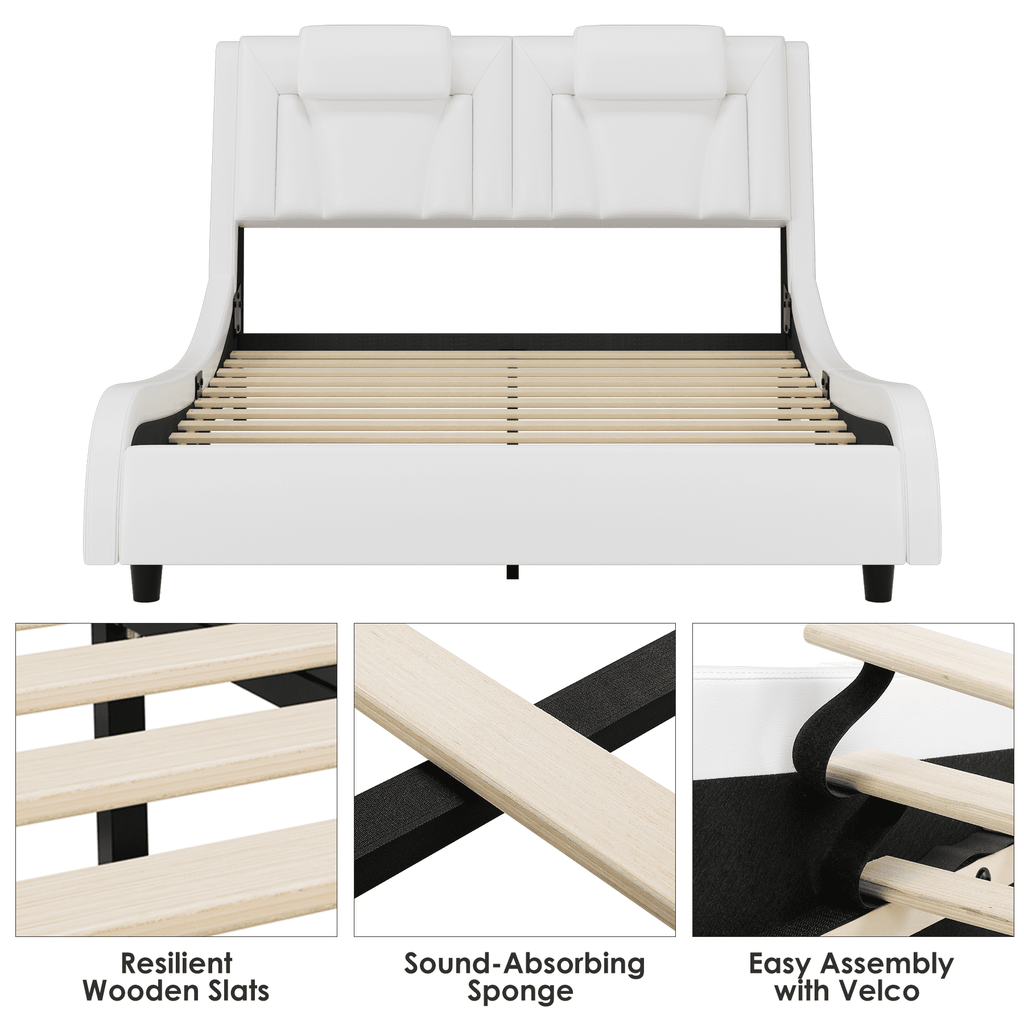 Homfa Queen Size LED Bed Frame, PU Leather Curved Upholstered Platform Bed with Adjustable Headboard and Pillow, White