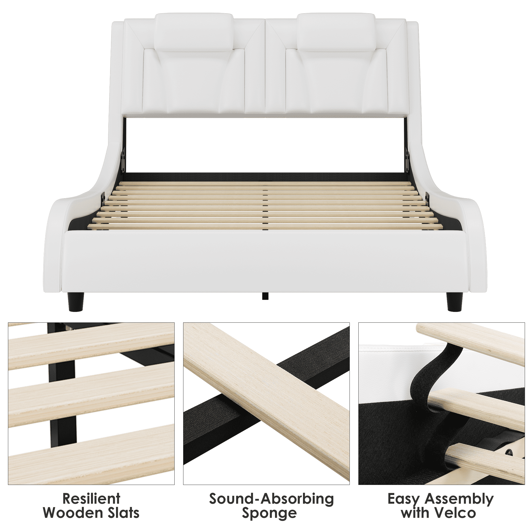 Homfa Queen Size LED Bed Frame, PU Leather Curved Upholstered Platform Bed with Adjustable Headboard and Pillow, White