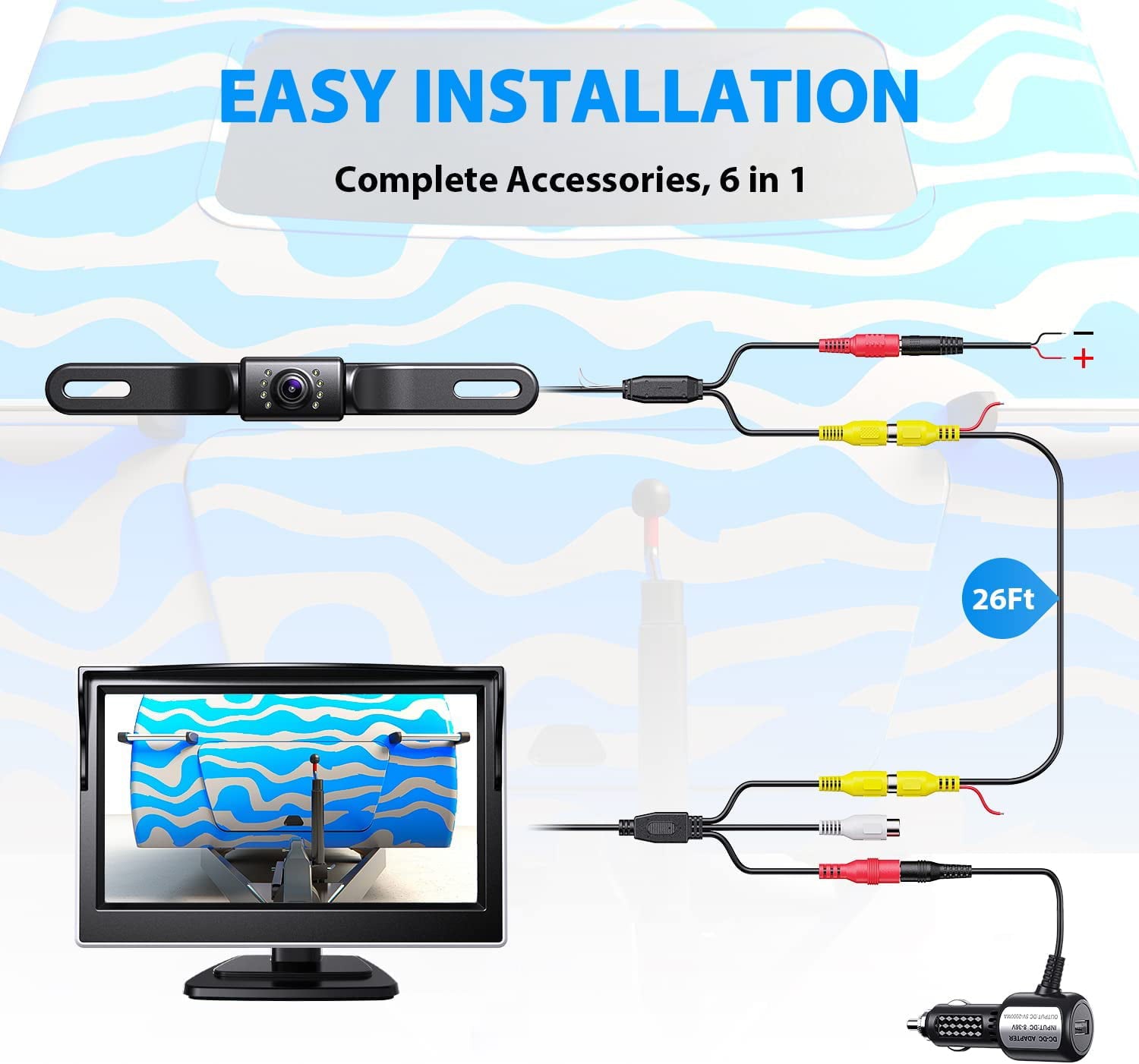 eRapta Backup Camera Monitor 5'' License Plate Car Rear View Reverse Backup Camera for Car Truck Trailer Minivan with IP69 Waterproof Night Vision A5i
