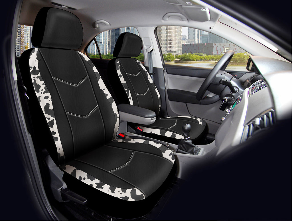 Auto Drive Universal Fit Black,White Cow Faux Leather Car Seat and Headrest Cover, Set of 2