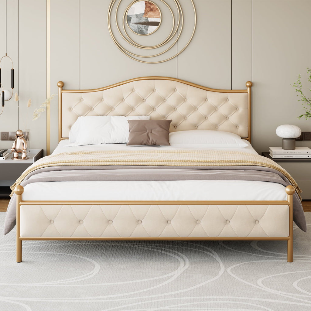 Homfa King Size Bed Frame, Metal Tubular Platform Bed with Button Tufted Upholstered Headboard, No Box Spring Needed, Beige