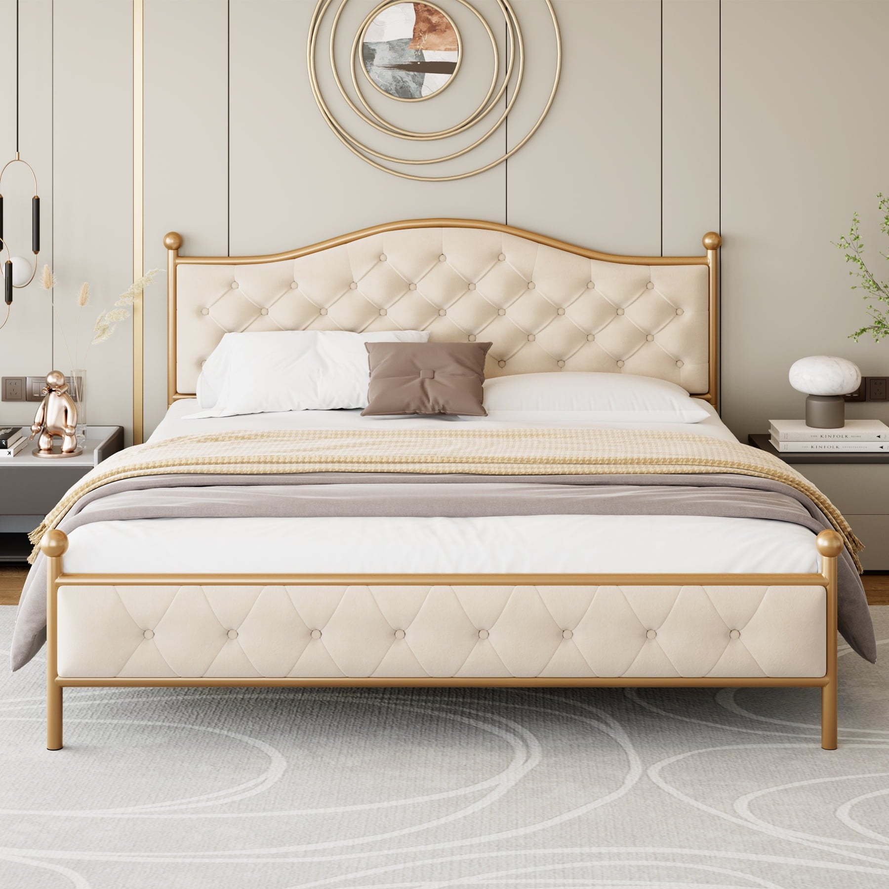 Homfa King Size Bed Frame, Metal Tubular Platform Bed with Button Tufted Upholstered Headboard, No Box Spring Needed, Beige
