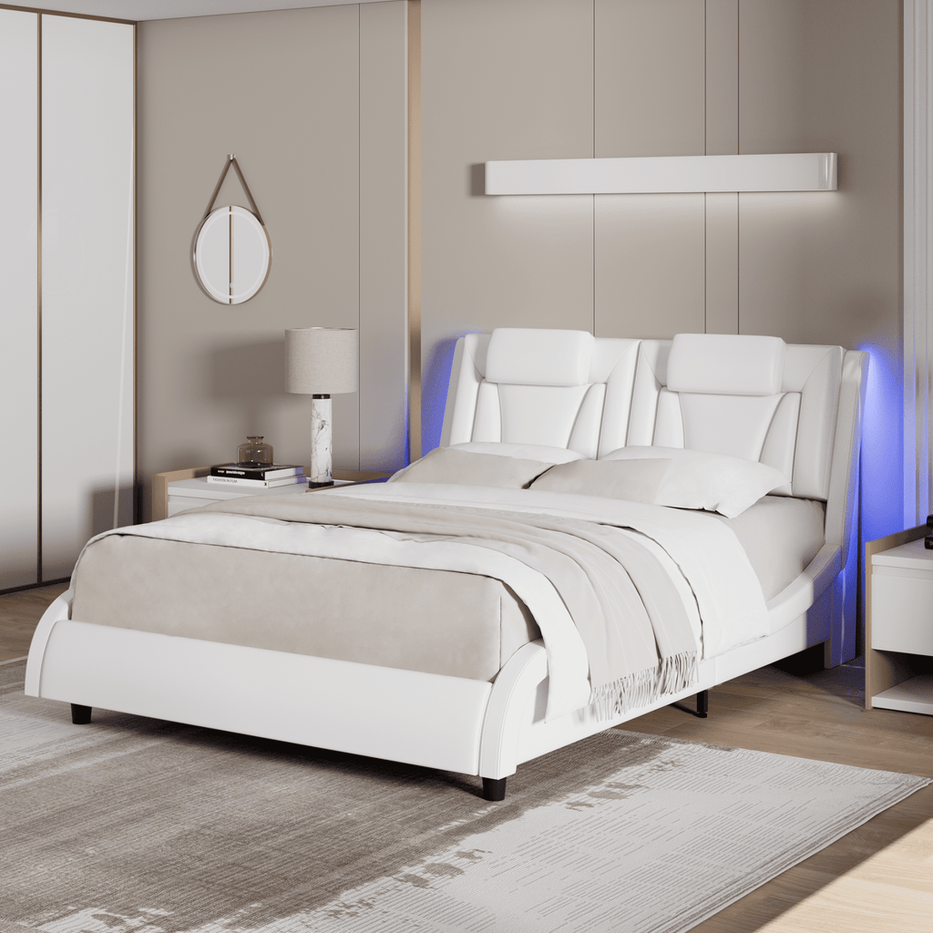Homfa Queen Size LED Bed Frame, PU Leather Curved Upholstered Platform Bed with Adjustable Headboard and Pillow, White