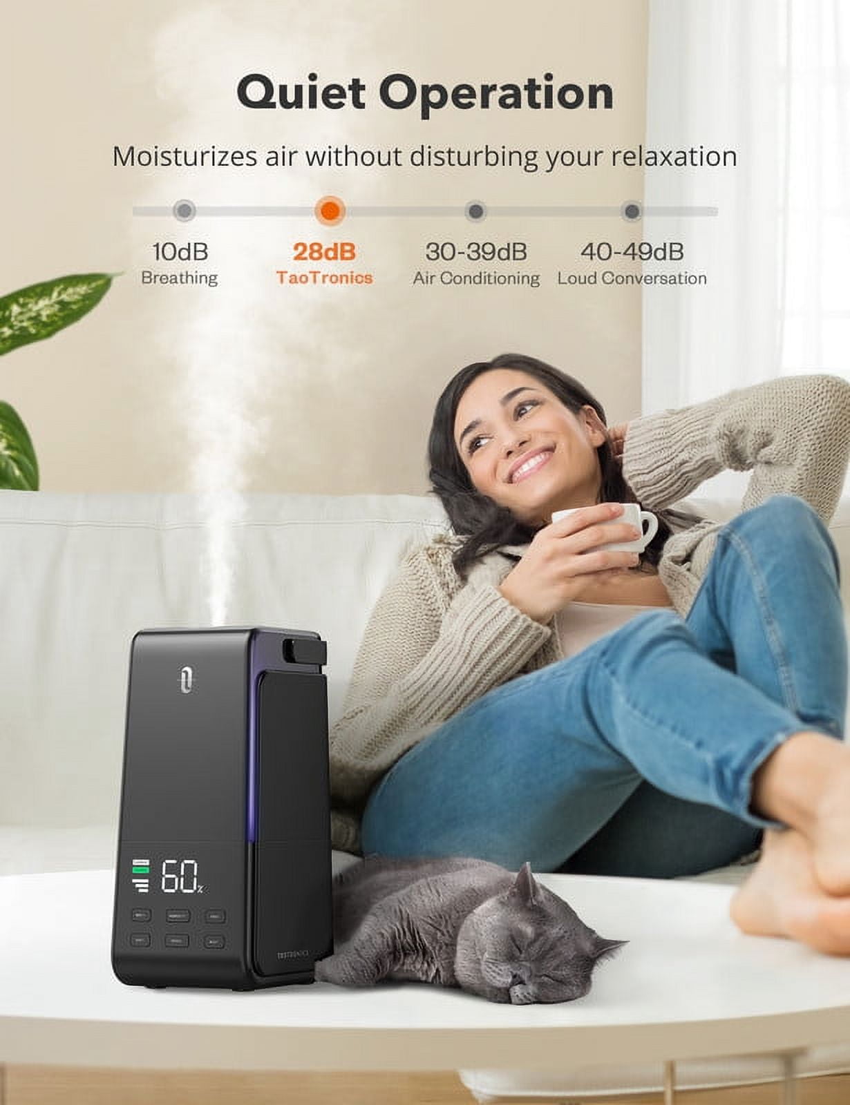 TaoTronics Humidifiers for Home, 4L Ultrasonic Cool Mist Humidifier with Automatic Humidity Monitoring
