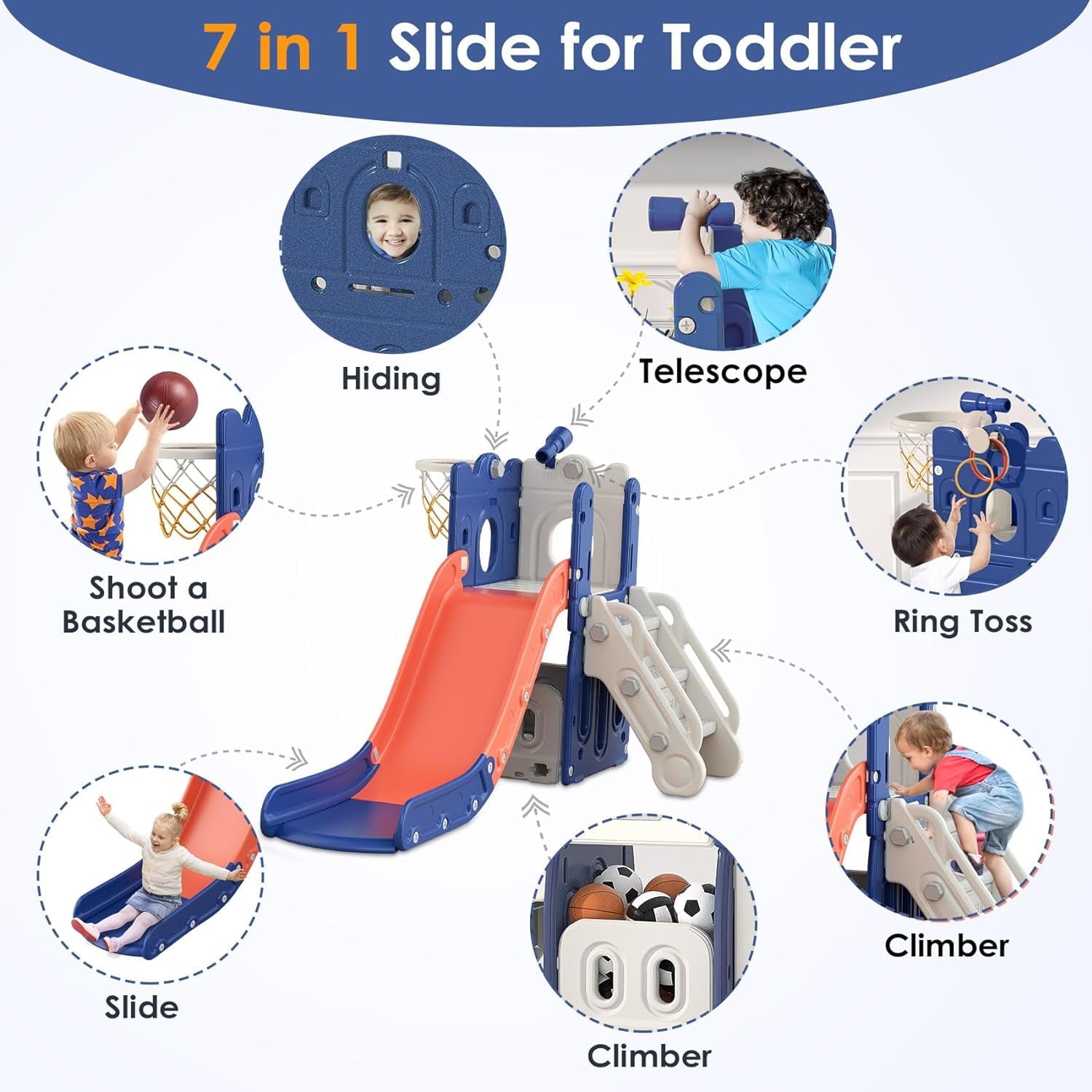 Suteck 7 in 1 Toddler Slide, L-Shaped Kids Slide for Toddlers Age 1+ with Basketball Hoop and Ball, Ring Toss, Storage Space