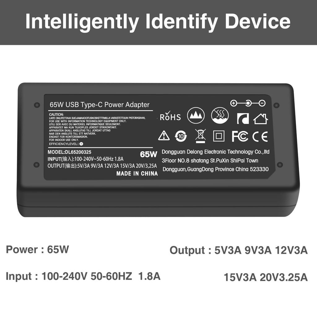 65W USB Type-C Power Adapter Charger For Dell Chromebook 3100 3400 13 3380, Latitude 5175 5179 5285 5289 5290 Laptop
