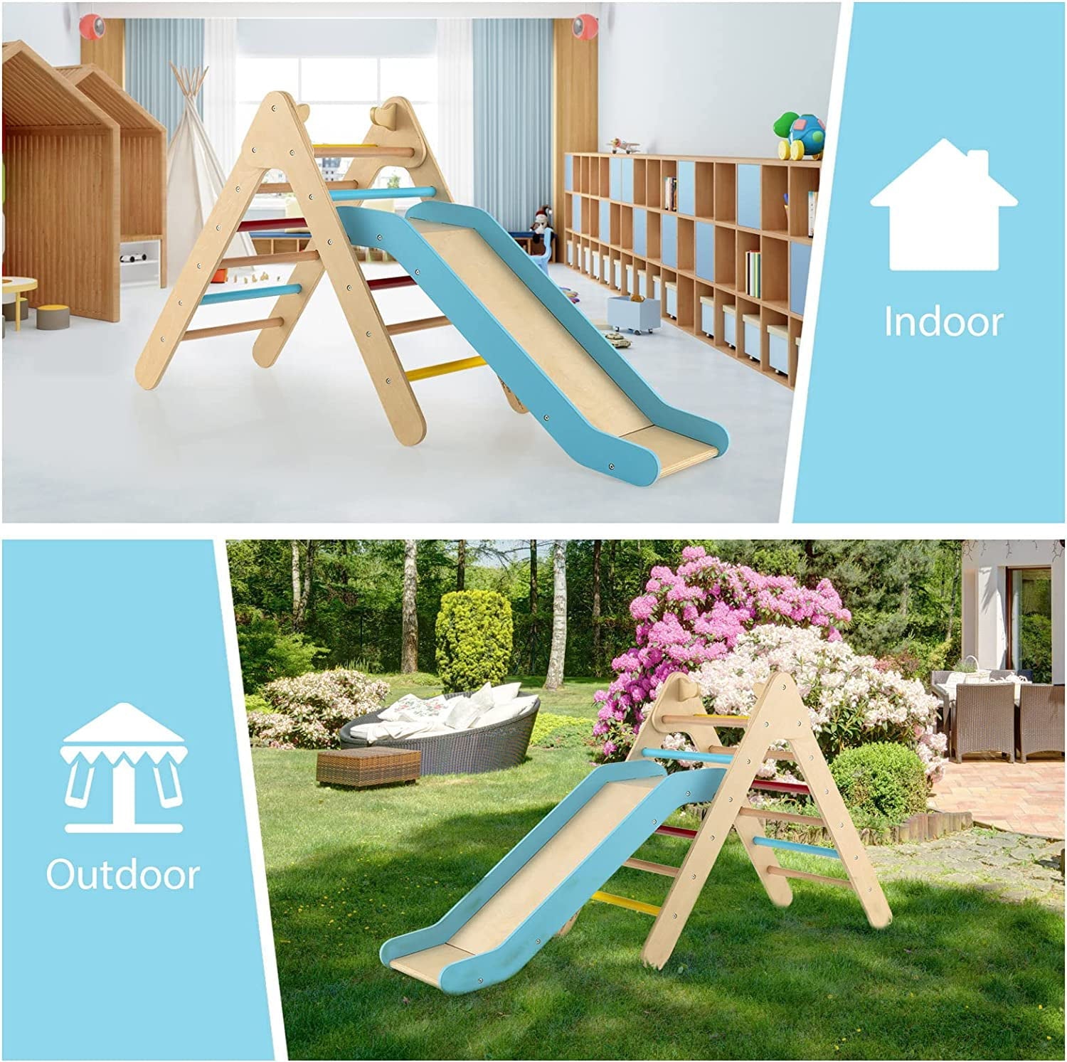 OLAKIDS Climbing Toys for Toddlers, 2 in 1 Montessori Kids Wood Triangle Climber with Ramp Ladder Slide for Gym Playground, Indoor Outdoor Climbing Toy Baby Play Structure Activity Set for Boys Girls