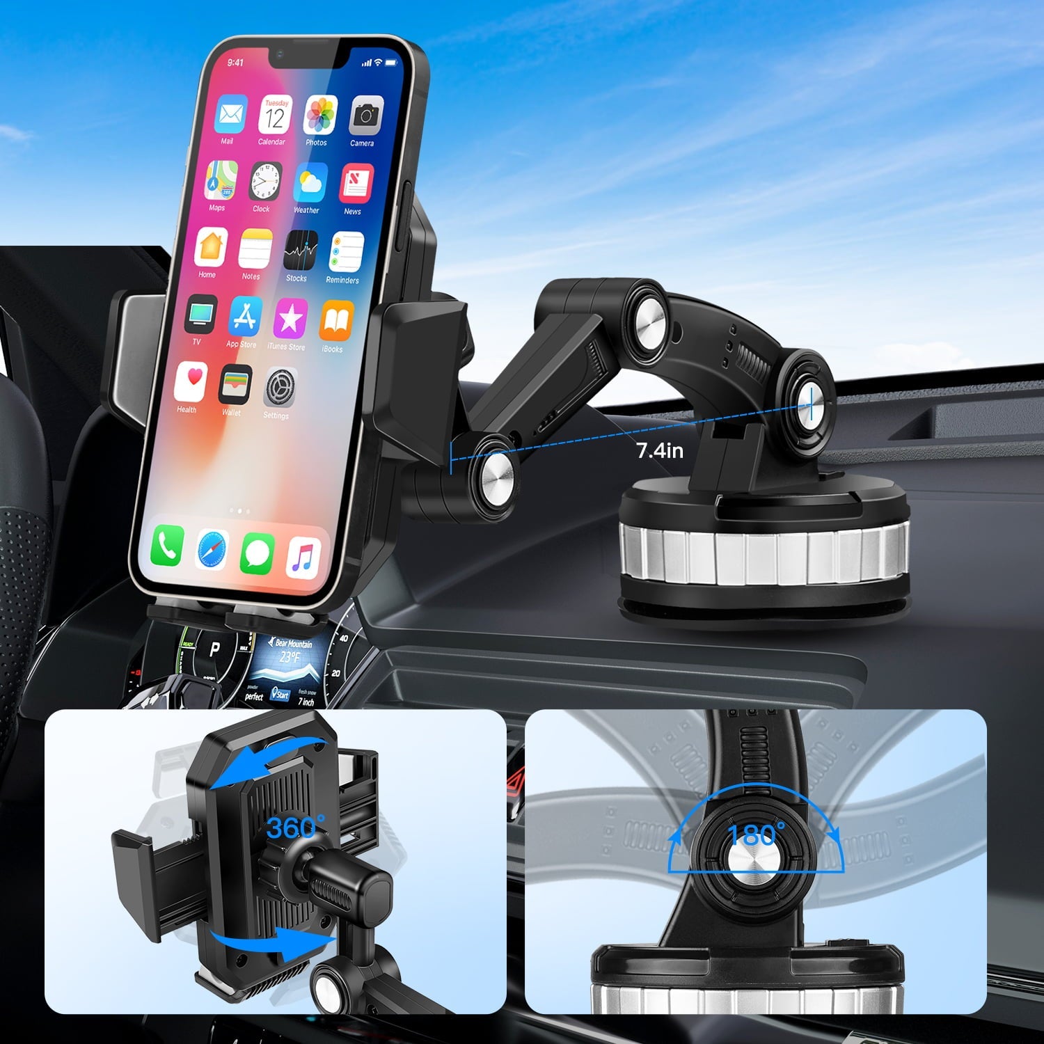 Zacro Universal Car Phone Holder Dashboard Windshield Phone Mount 360° Rotatable Suction Phone Holder for iPhone Smartphones
