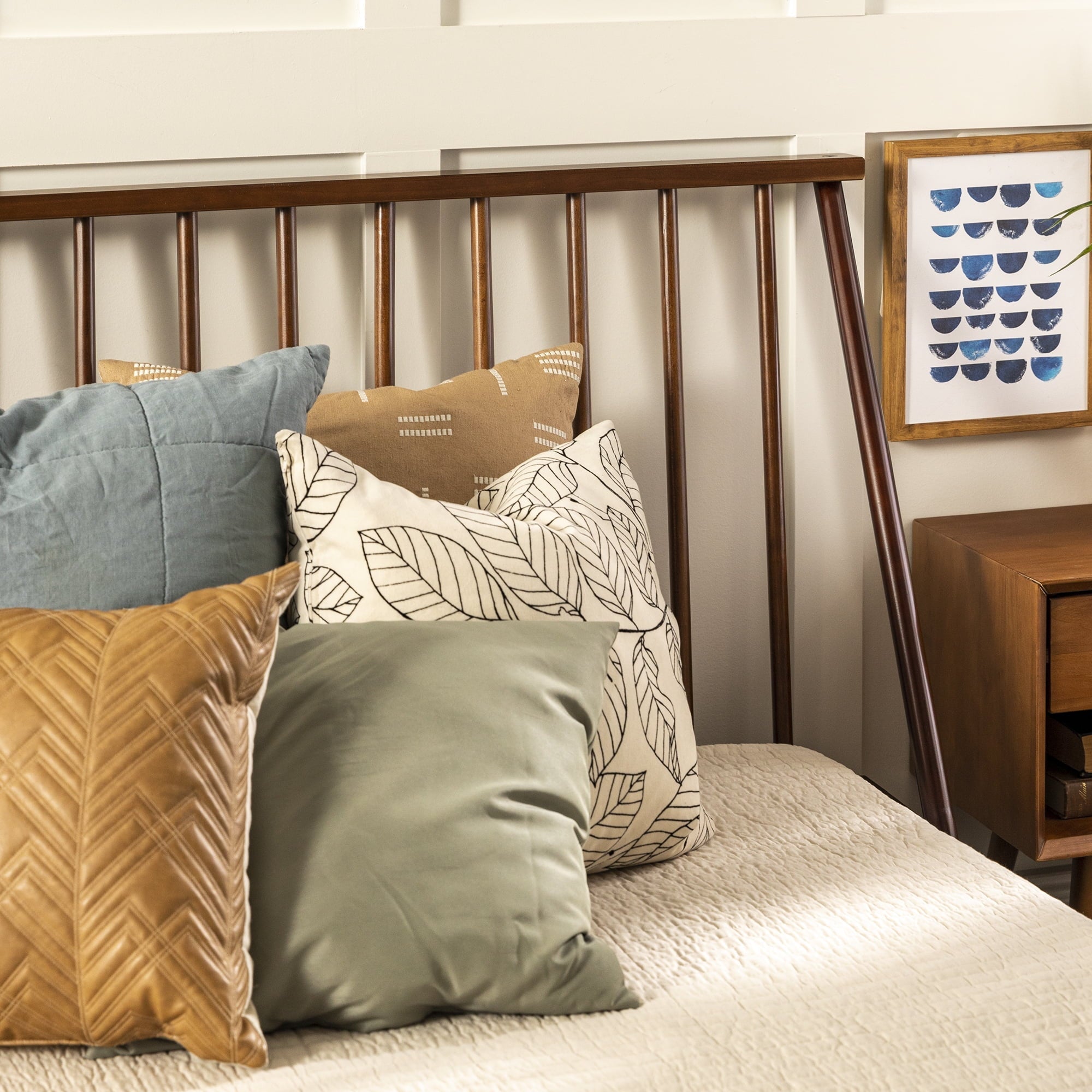 Walker Edison Modern Boho Queen Size Solid Wood Platform Bed, Walnut