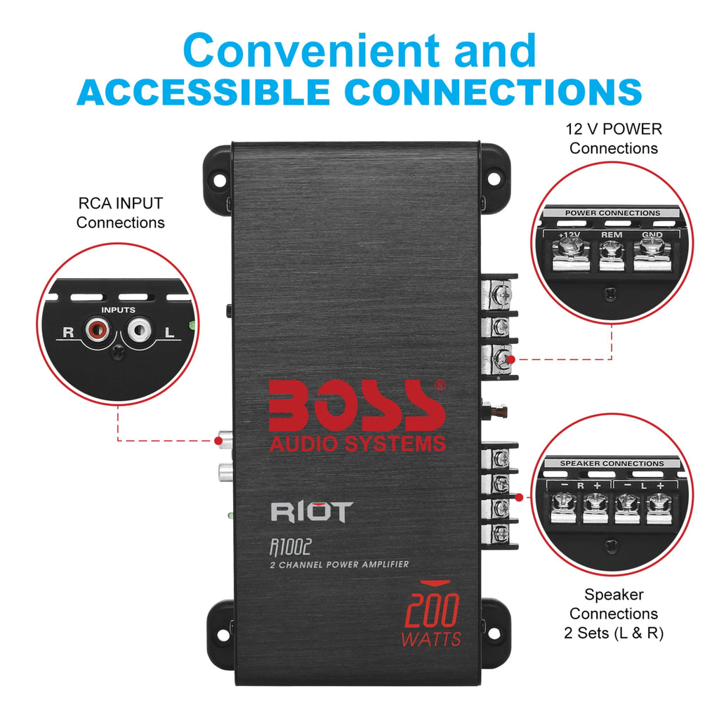 BOSS Audio Systems R1002 Riot Series Car Audio Stereo Amplifier - 200 High Output, 2 Channel, Class A/B, 2/4 Ohm Stable, Low/High Level Inputs, Full Range, Subwoofer