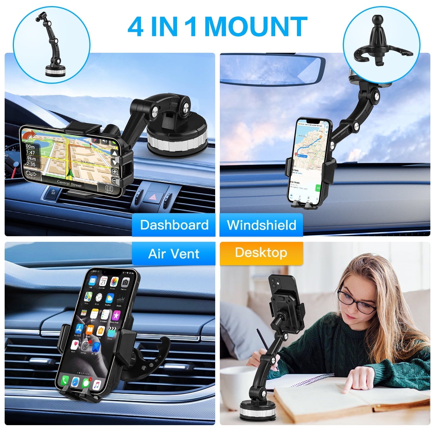 Zacro Universal Car Phone Holder Dashboard Windshield Phone Mount 360° Rotatable Suction Phone Holder for iPhone Smartphones
