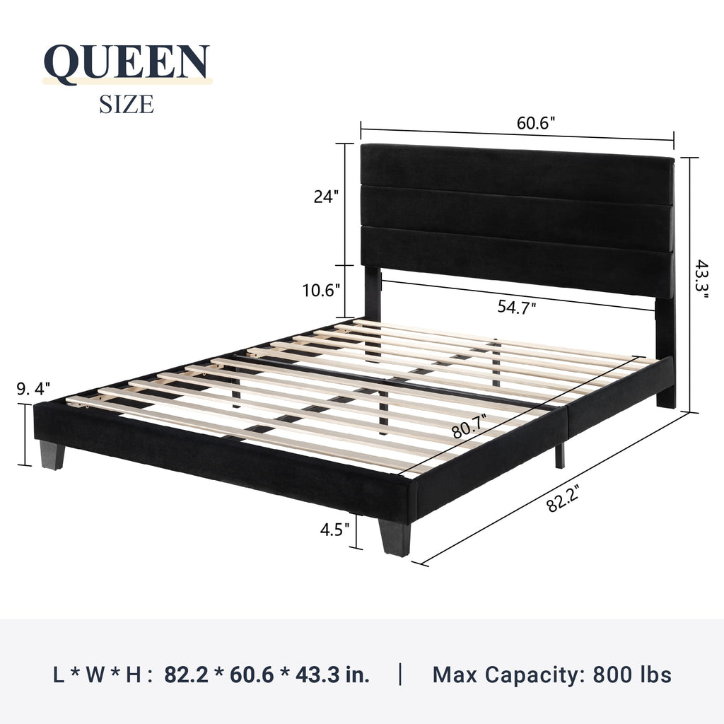 Allewie Queen Size Platform Bed Frame with Velvet Upholstered Headboard and Wooden Slats Support, No Box Spring Needed, Black