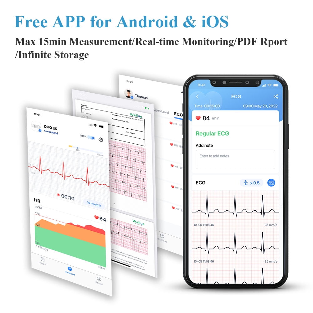 ECG Monitor | Portable EKG Heart Rate Monitor | Wireless Handheld and Strap Chest Wearable | 30s - 15mins Measurement | Free App and Bluetooth | DuoEK