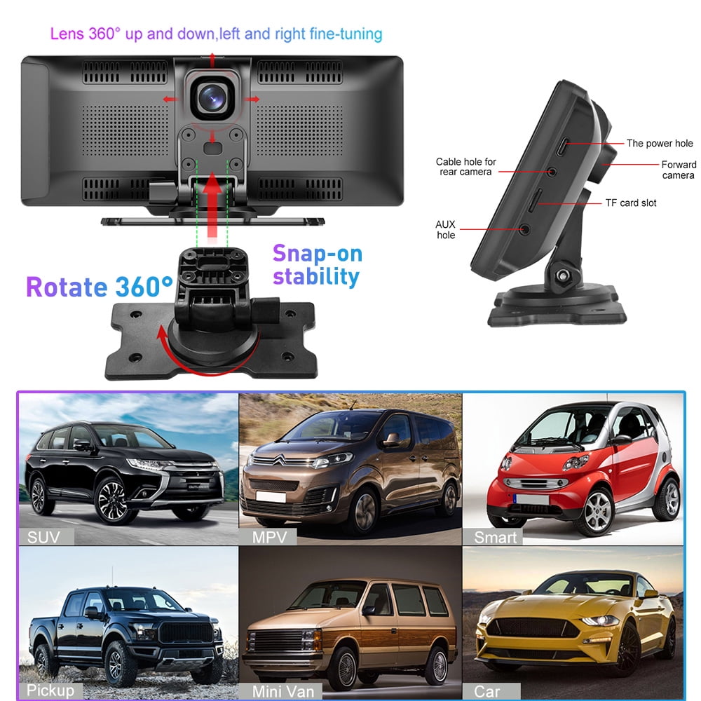 Podofo 7-32V 9.3" Portable Car Stereo Radio Wireless Carplay Android Auto Dash Cam DVR Car MP5 Player, with 32G Card&Backup Camera