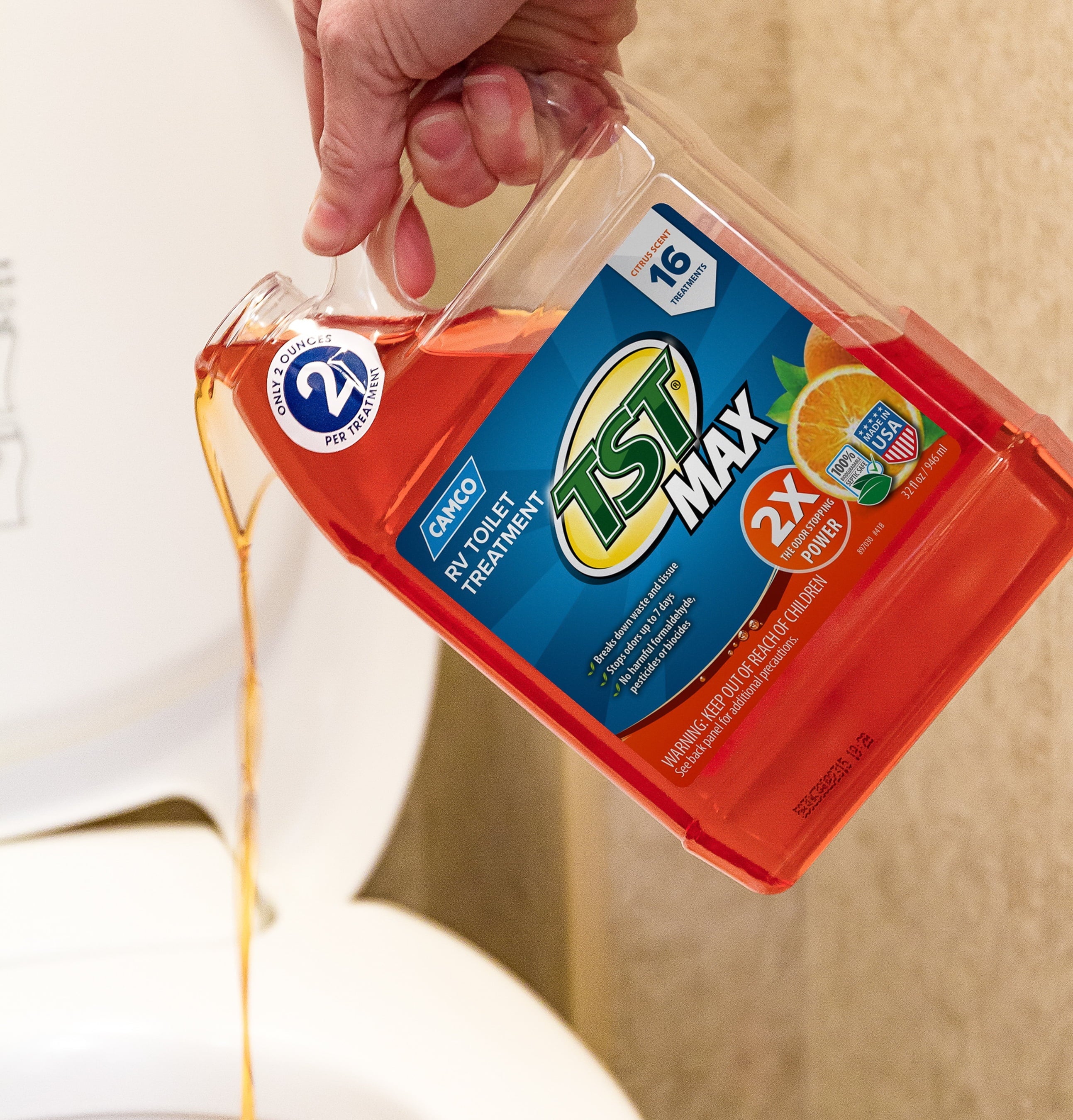 Camco TST MAX RV Toilet Treatment | Features an Ultra Concentrated Formula with Orange Citrus Scent | Stop Odors and Break Down Waste in Camper or Marine Waste Holding Tanks | 32oz. (41192)