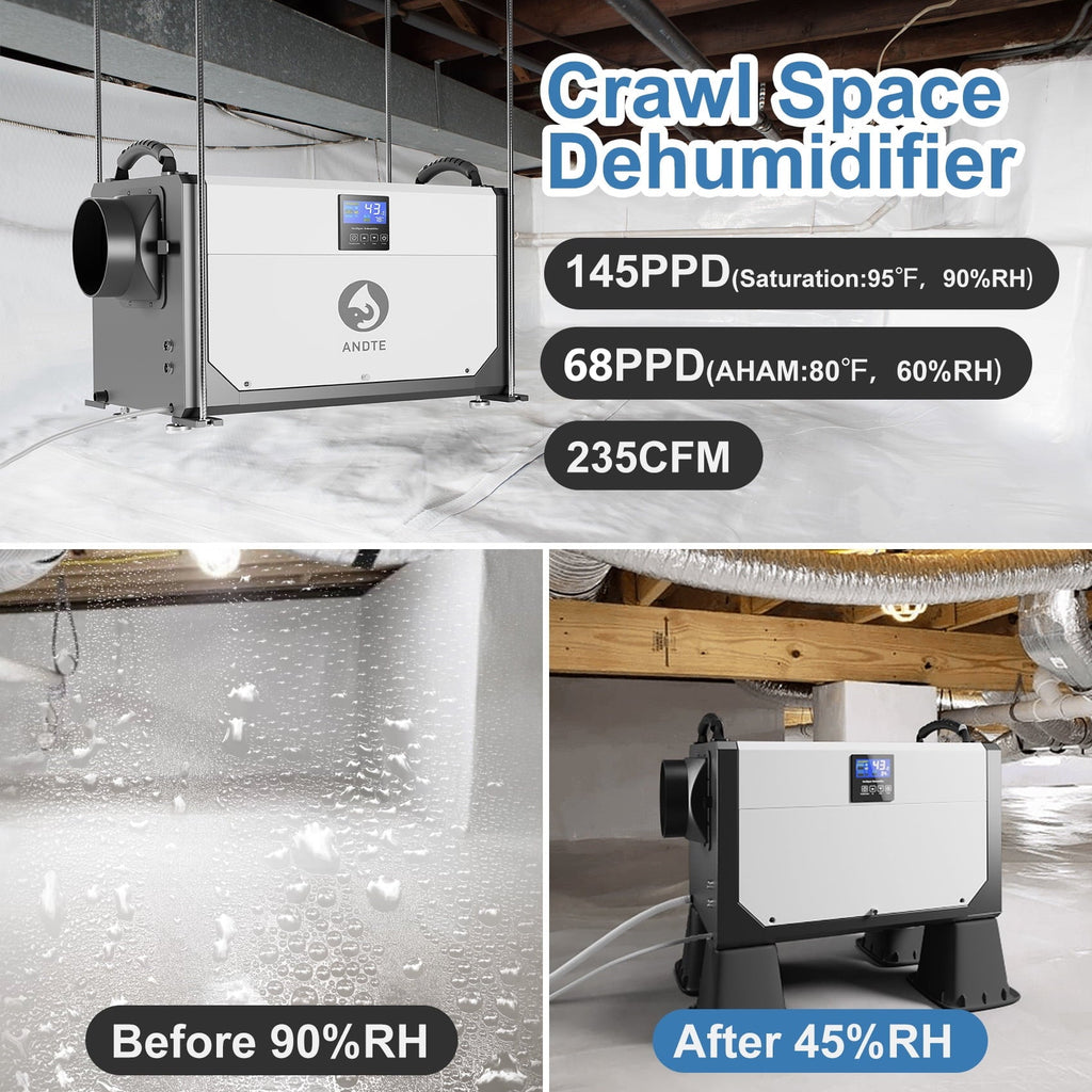 ANDTE 145 Pints Commercial Dehumidifier, Crawl Space Dehumidifier for Basement with 6.56ft Drain Hose and 24 Hr Timer, Compact, Portable, Auto Defrost, Memory Starting